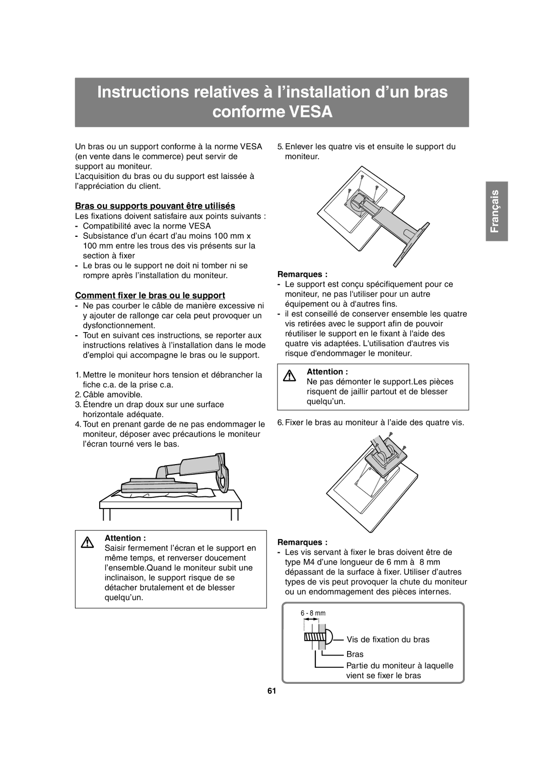 Sharp LL-H1813 operation manual Bras ou supports pouvant être utilisés, Comment fixer le bras ou le support 