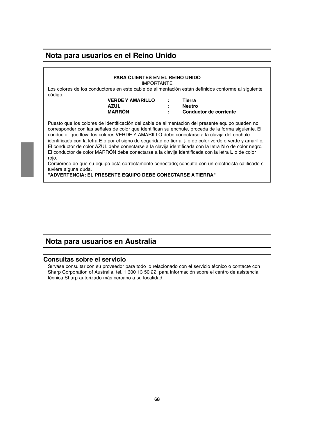 Sharp LL-H1813 Nota para usuarios en el Reino Unido, Nota para usuarios en Australia, Consultas sobre el servicio 