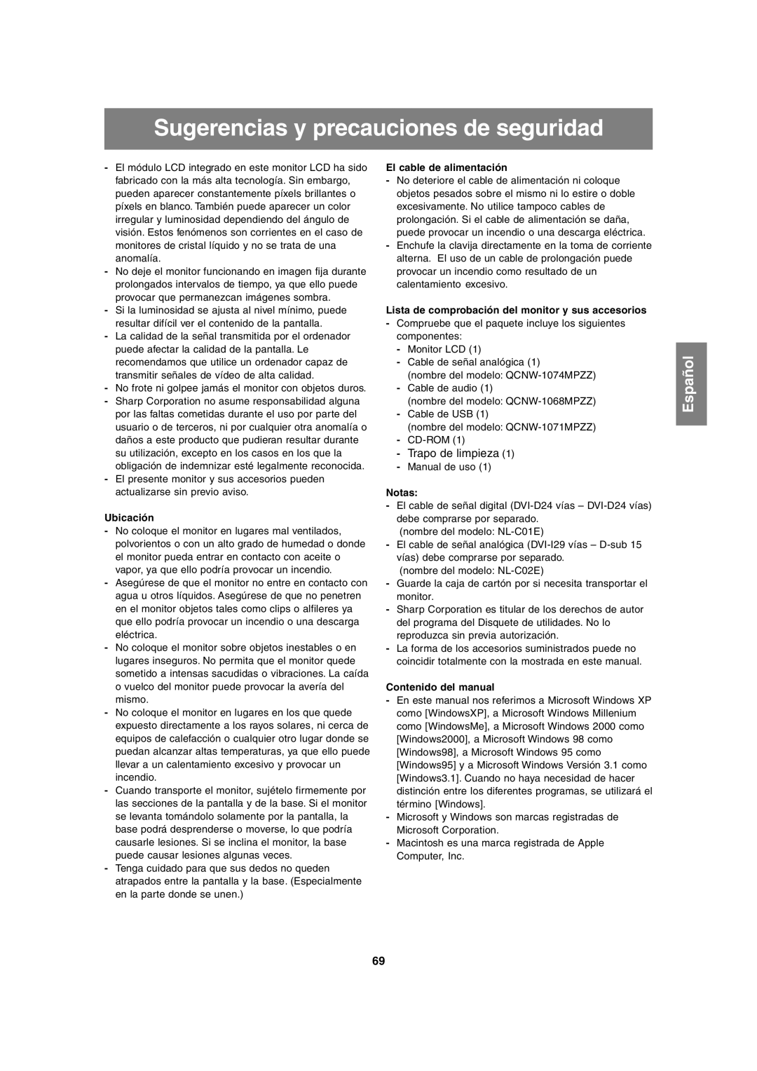 Sharp LL-H1813 operation manual Sugerencias y precauciones de seguridad, Ubicación 