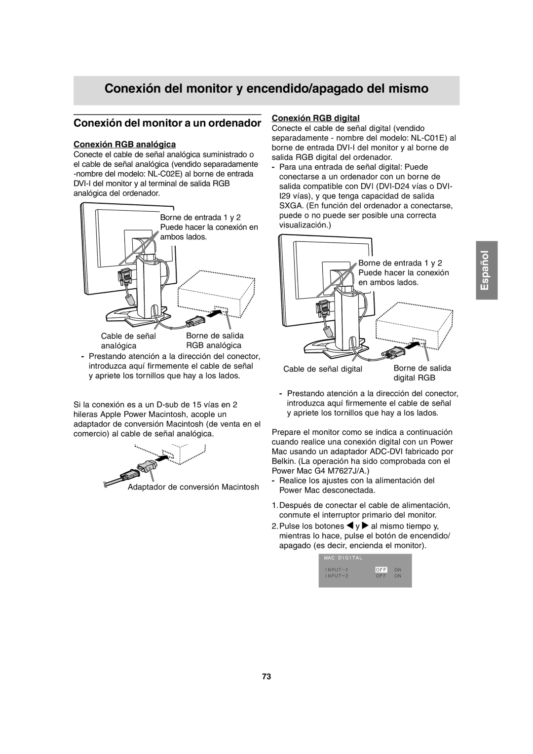 Sharp LL-H1813 operation manual Conexión del monitor y encendido/apagado del mismo, Conexión RGB digital 