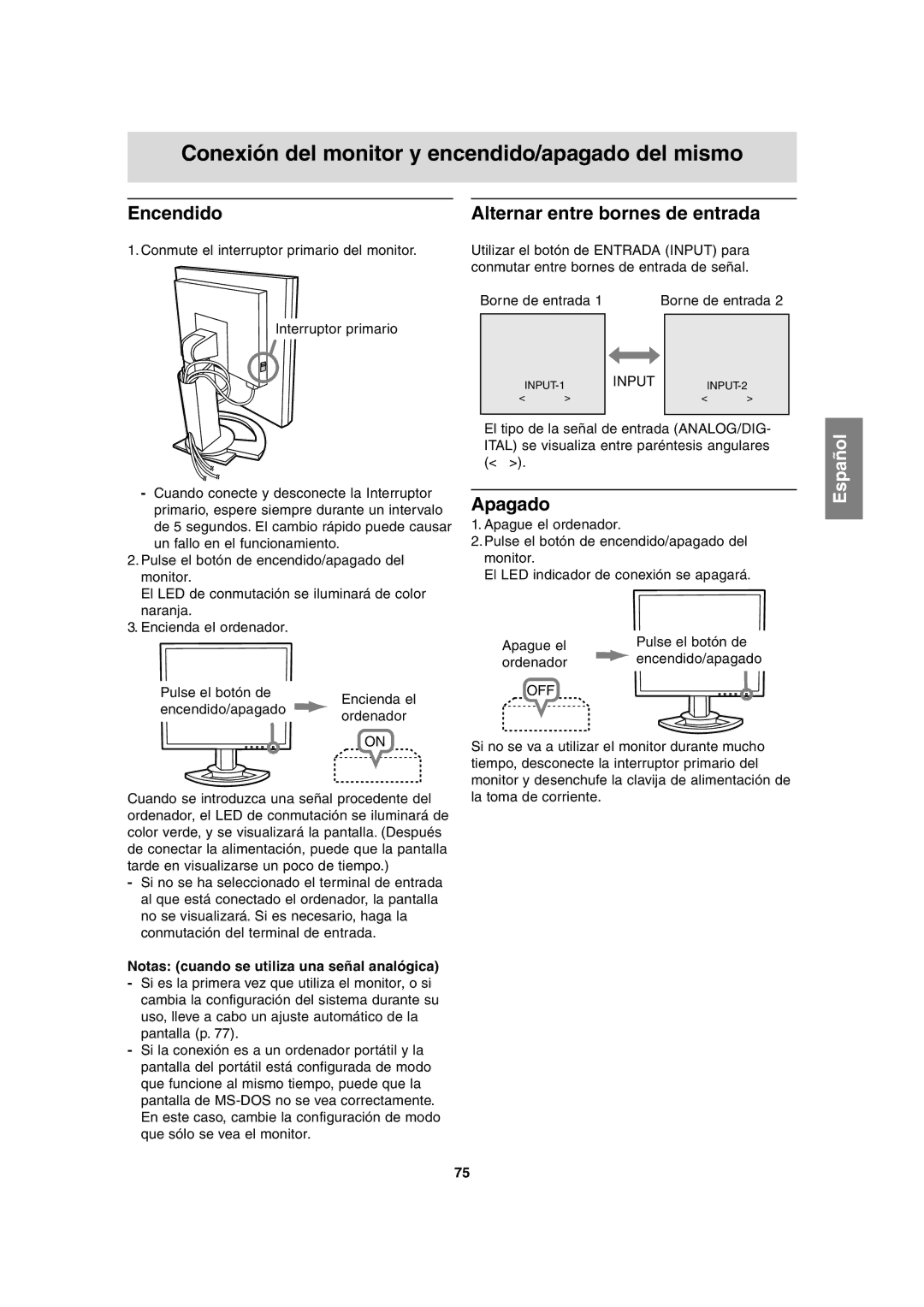 Sharp LL-H1813 Encendido, Alternar entre bornes de entrada, Apagado, Notas cuando se utiliza una señal analógica 