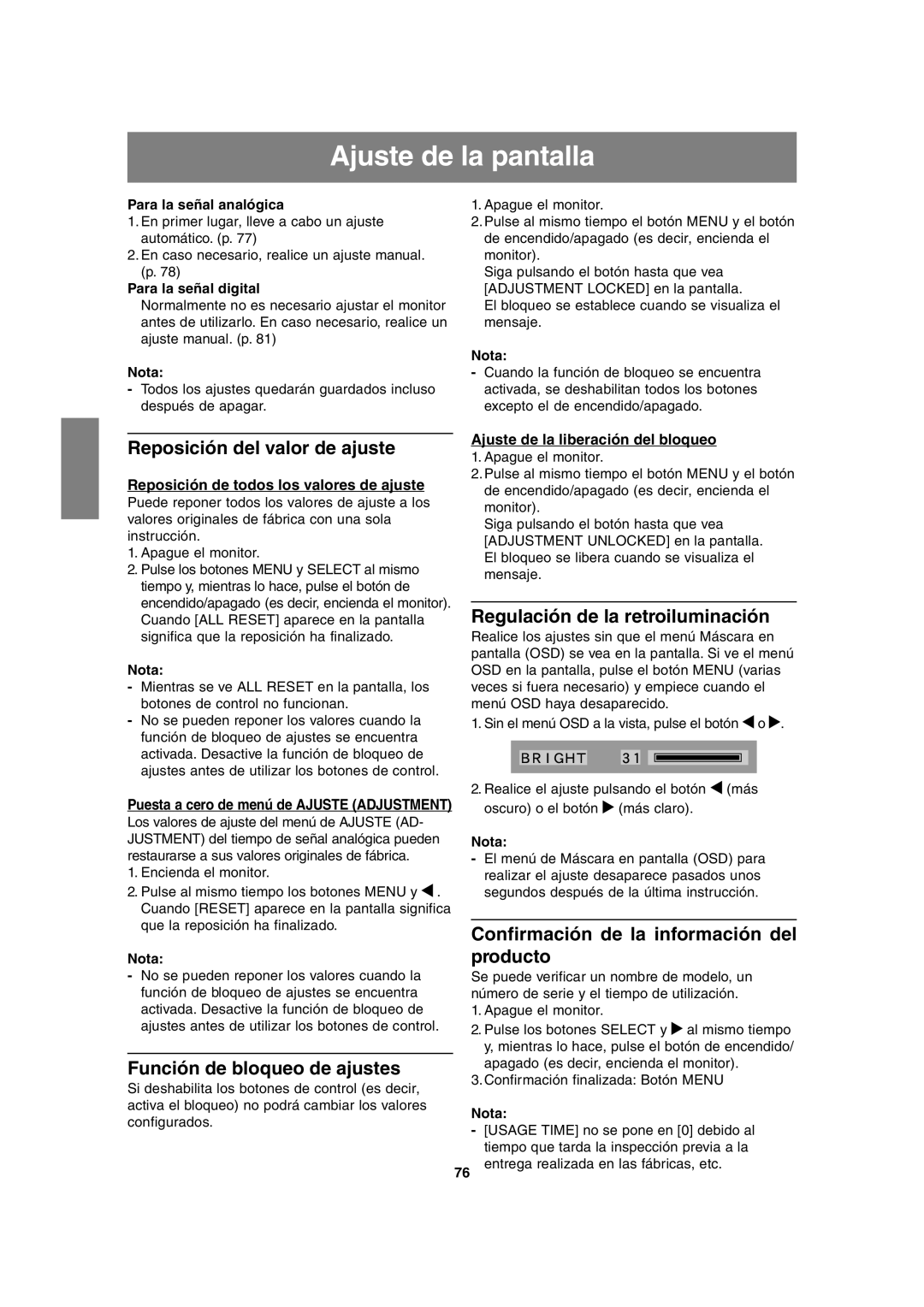 Sharp LL-H1813 operation manual Ajuste de la pantalla, Reposición del valor de ajuste, Regulación de la retroiluminación 