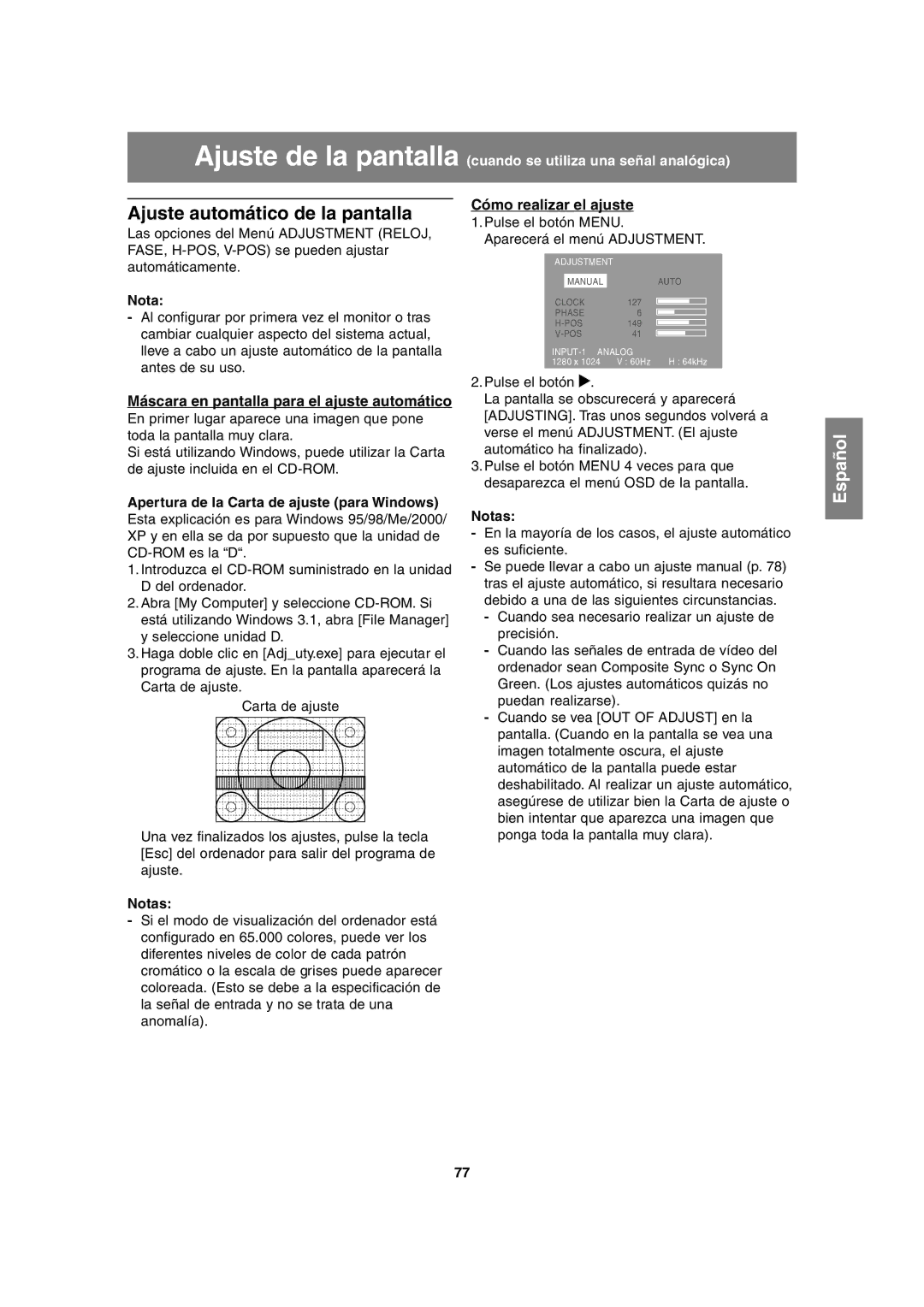 Sharp LL-H1813 Ajuste automático de la pantalla, Máscara en pantalla para el ajuste automático, Cómo realizar el ajuste 