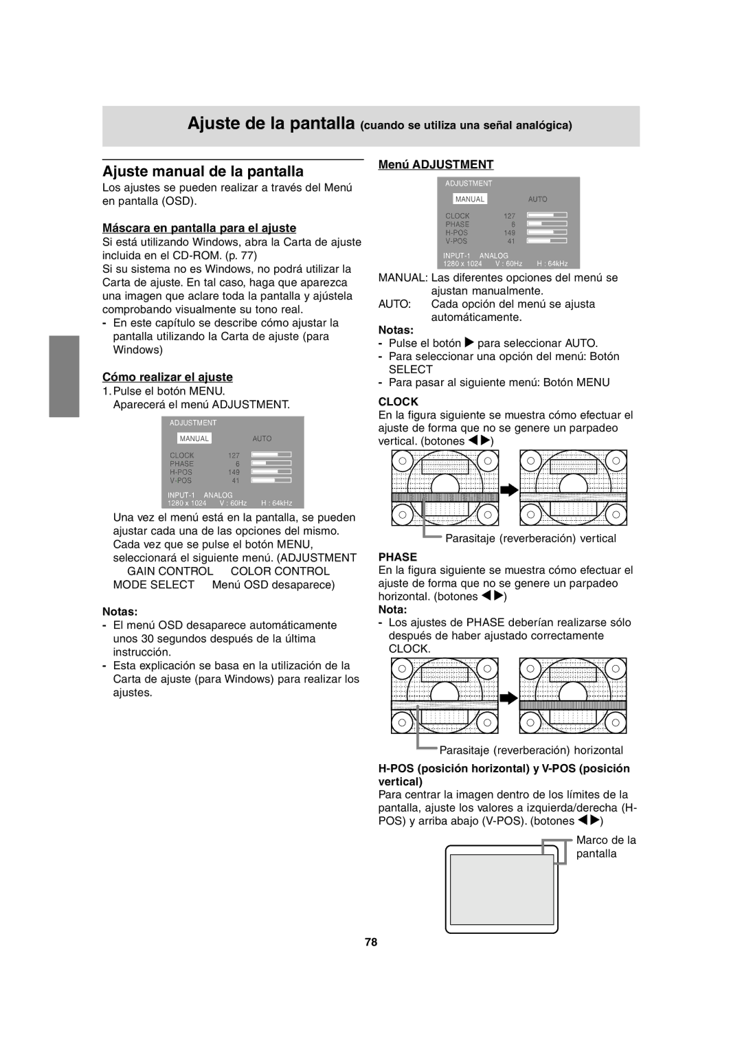 Sharp LL-H1813 operation manual Ajuste manual de la pantalla, Menú Adjustment, Máscara en pantalla para el ajuste 