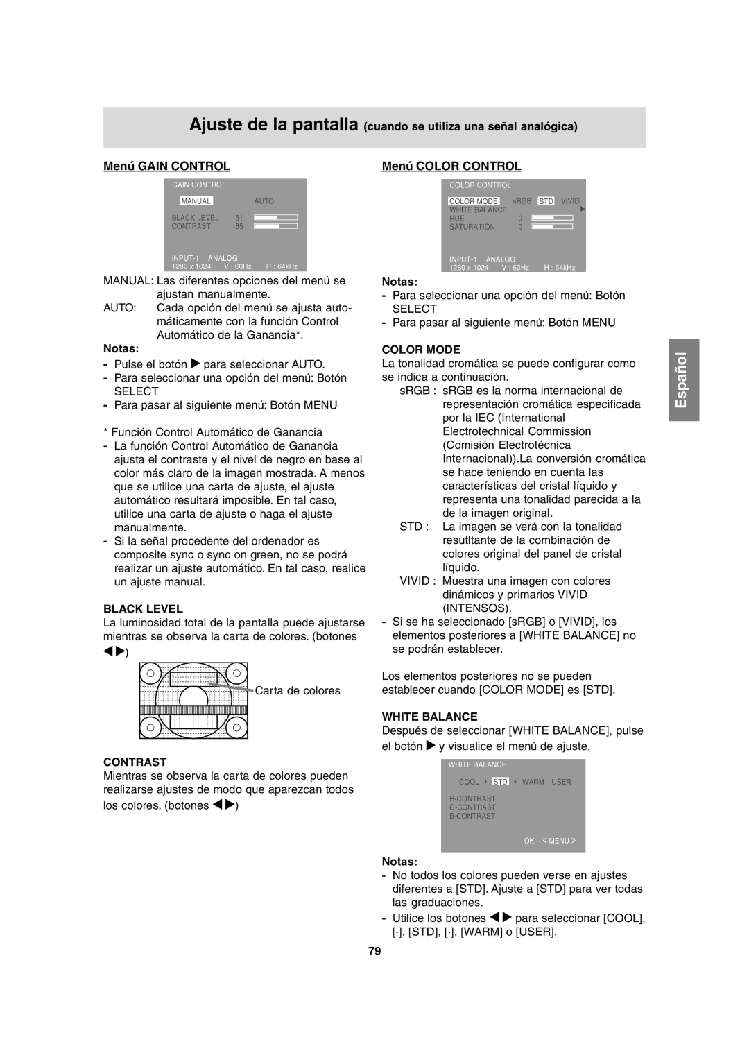 Sharp LL-H1813 operation manual Menú Gain Control, Menú Color Control 