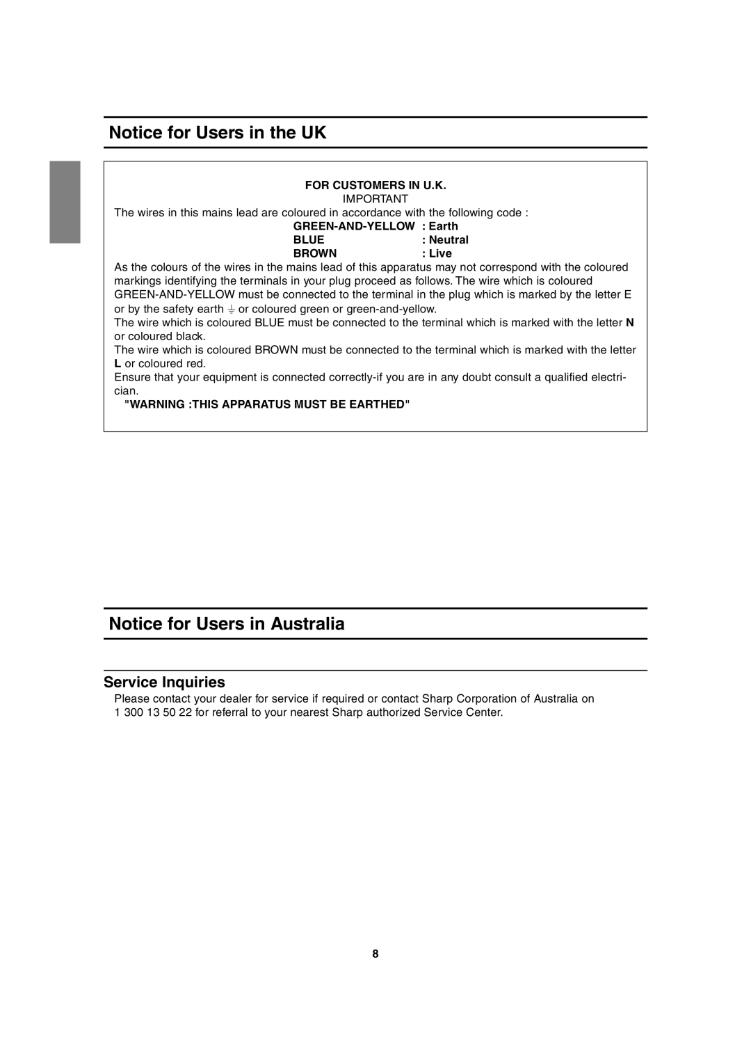 Sharp LL-H1813 operation manual Service Inquiries, GREEN-AND-YELLOW Earth, Neutral, Live 