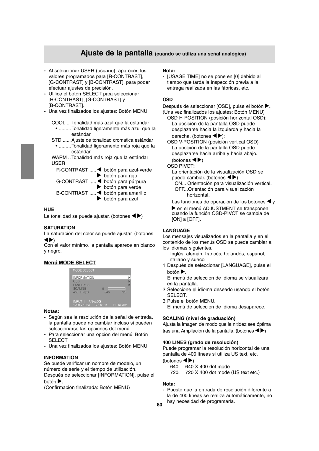 Sharp LL-H1813 operation manual Menú Mode Select, Scaling nivel de graduación, Lines grado de resolución 