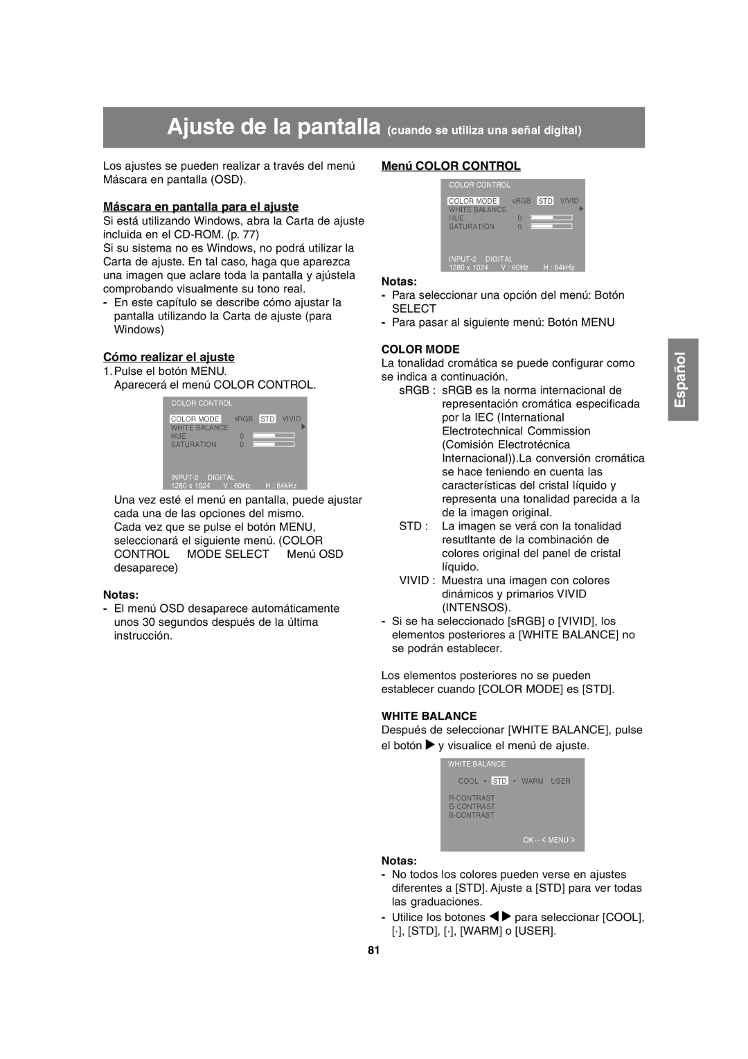 Sharp LL-H1813 operation manual Ajuste de la pantalla cuando se utiliza una señal digital 