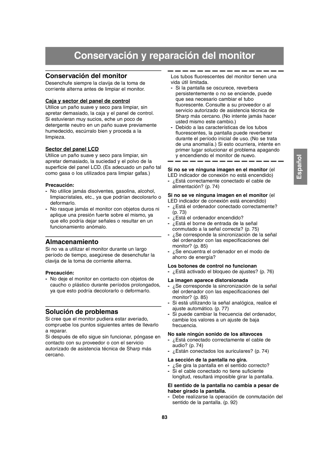 Sharp LL-H1813 Conservación y reparación del monitor, Conservación del monitor, Almacenamiento, Solución de problemas 