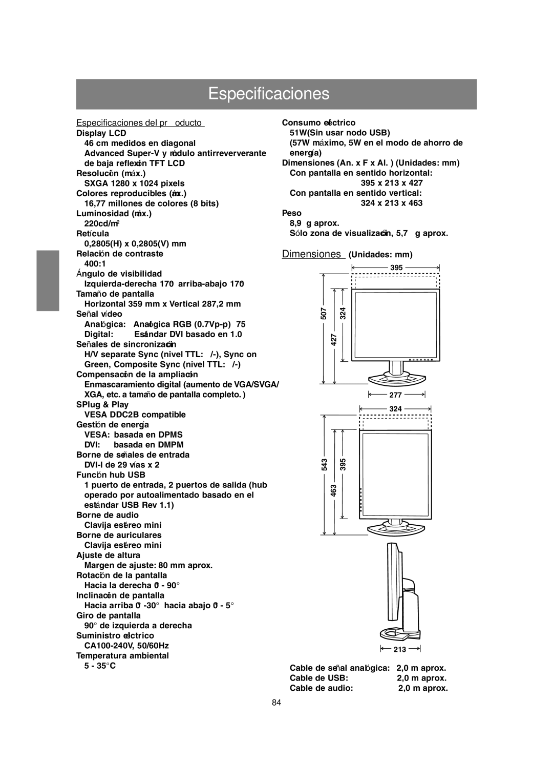 Sharp LL-H1813 operation manual Especificaciones del producto 