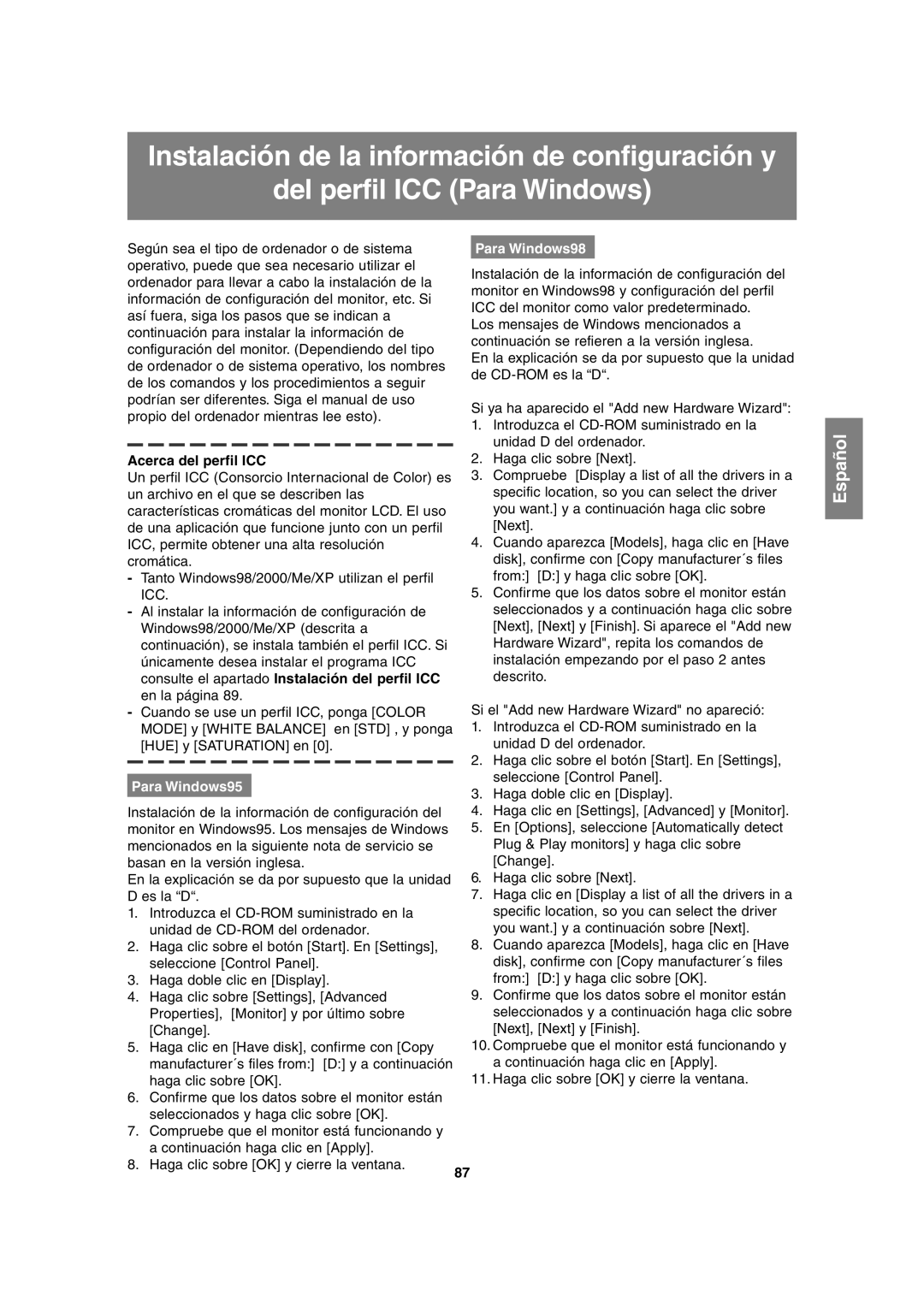 Sharp LL-H1813 operation manual Acerca del perfil ICC, Para Windows95, Para Windows98 