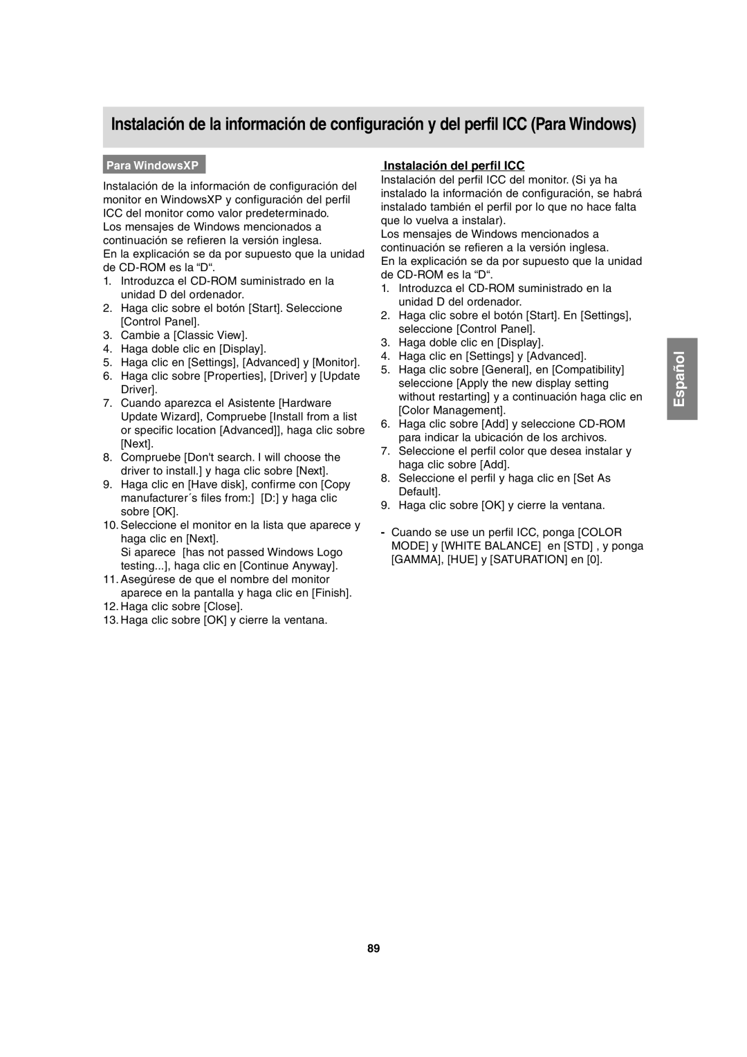 Sharp LL-H1813 operation manual Instalación del perfil ICC, Para WindowsXP 