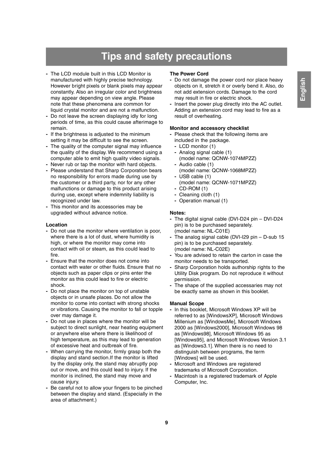 Sharp LL-H1813 Tips and safety precautions, Location, Power Cord, Monitor and accessory checklist, Manual Scope 