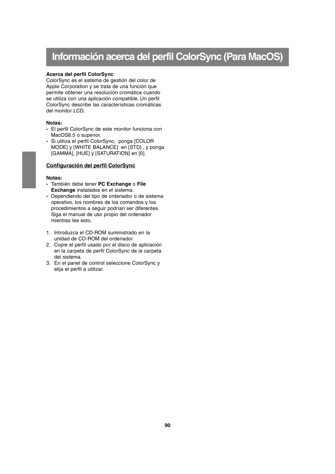 Sharp LL-H1813 operation manual Información acerca del perfil ColorSync Para MacOS, Configuración del perfil ColorSync 