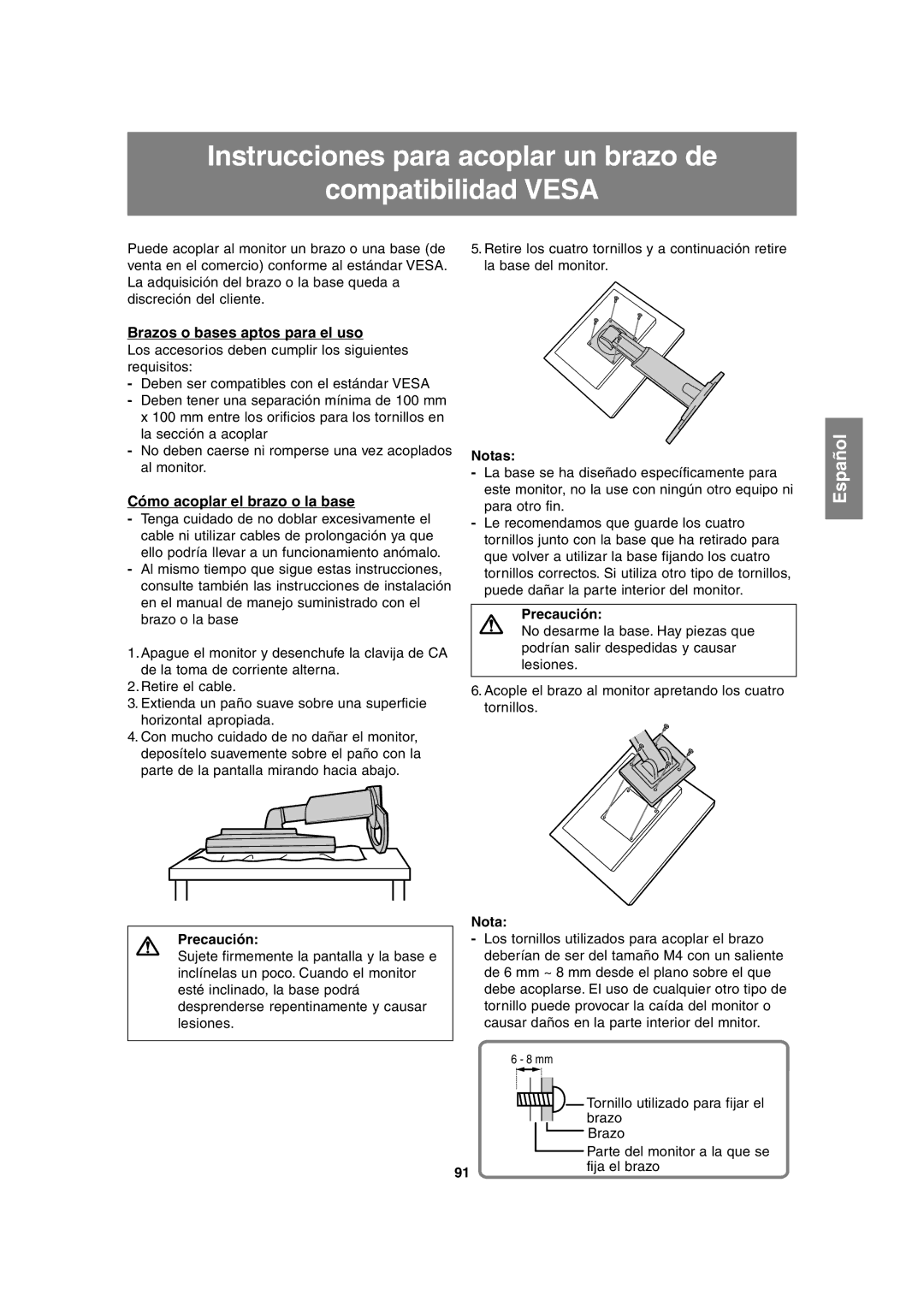 Sharp LL-H1813 Instrucciones para acoplar un brazo de Compatibilidad Vesa, Brazos o bases aptos para el uso 