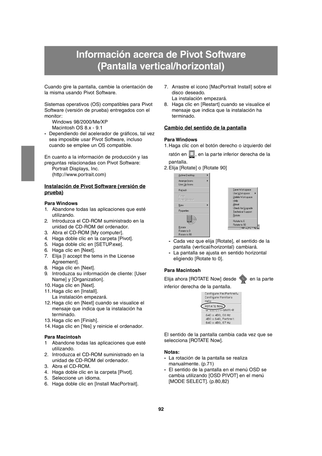 Sharp LL-H1813 Instalación de Pivot Software versión de prueba, Cambio del sentido de la pantalla, Para Windows 