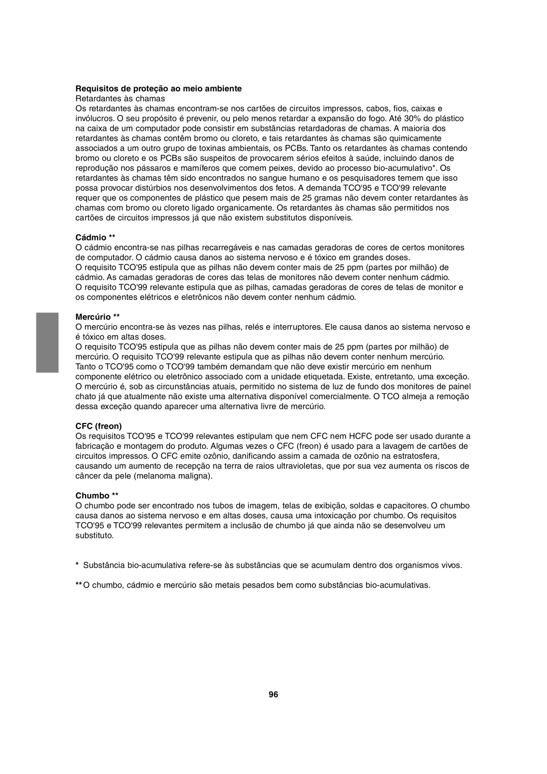 Sharp LL-H1813 operation manual Requisitos de proteção ao meio ambiente, Cádmio, Mercúrio, CFC freon, Chumbo 