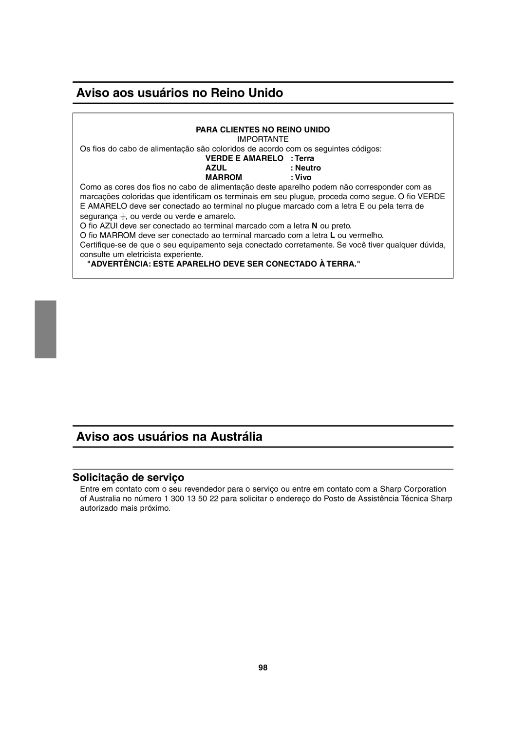 Sharp LL-H1813 Aviso aos usuários no Reino Unido, Aviso aos usuários na Austrália, Solicitação de serviço, Terra, Vivo 