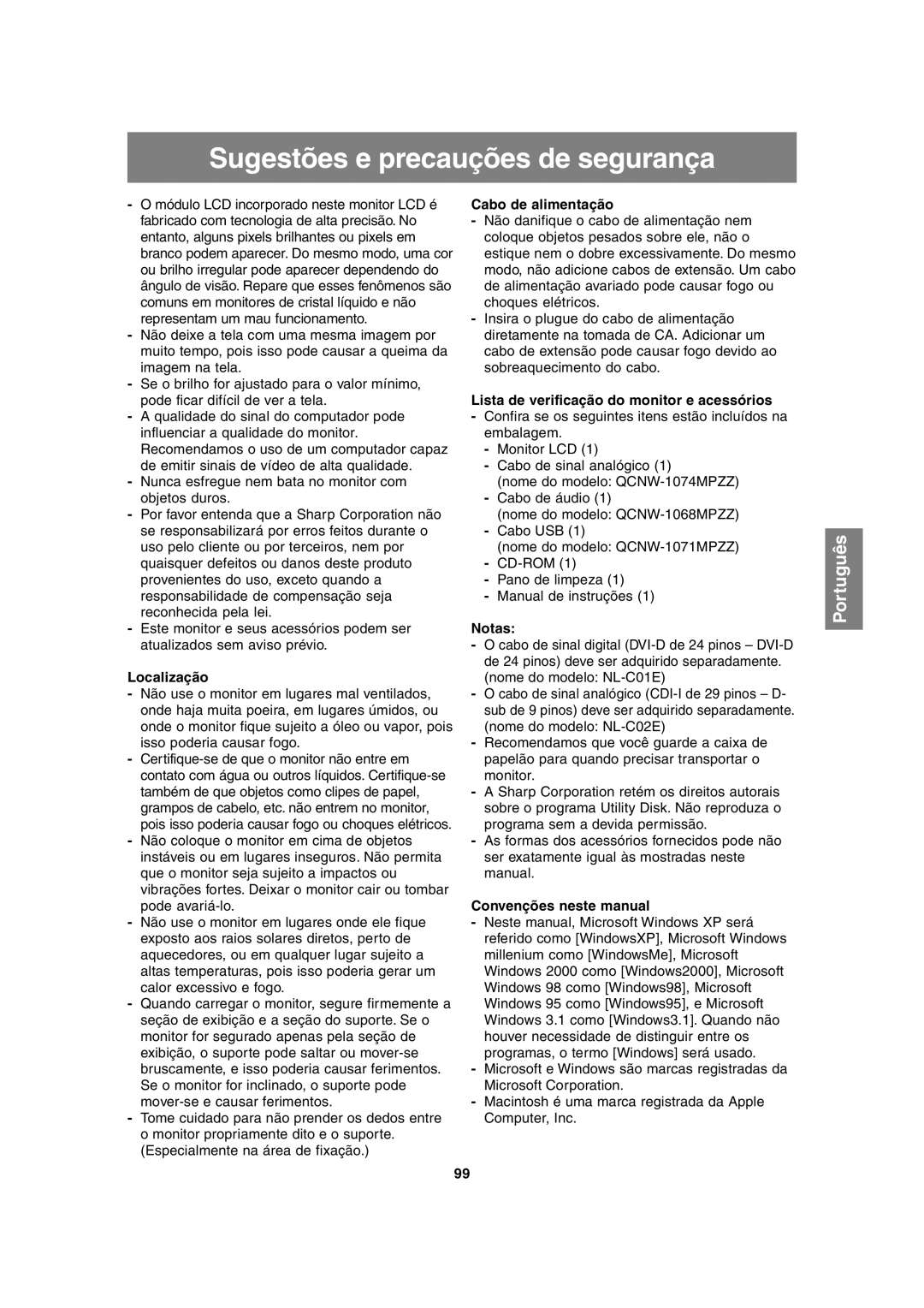 Sharp LL-H1813 Sugestões e precauções de segurança, Localização, Cabo de alimentação, Convenções neste manual 