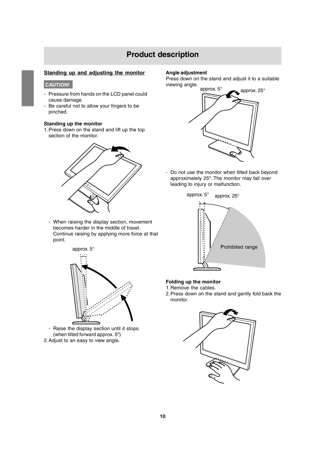 Sharp LL-T15A4 Product description, Standing up and adjusting the monitor, Standing up the monitor, Angle adjustment 