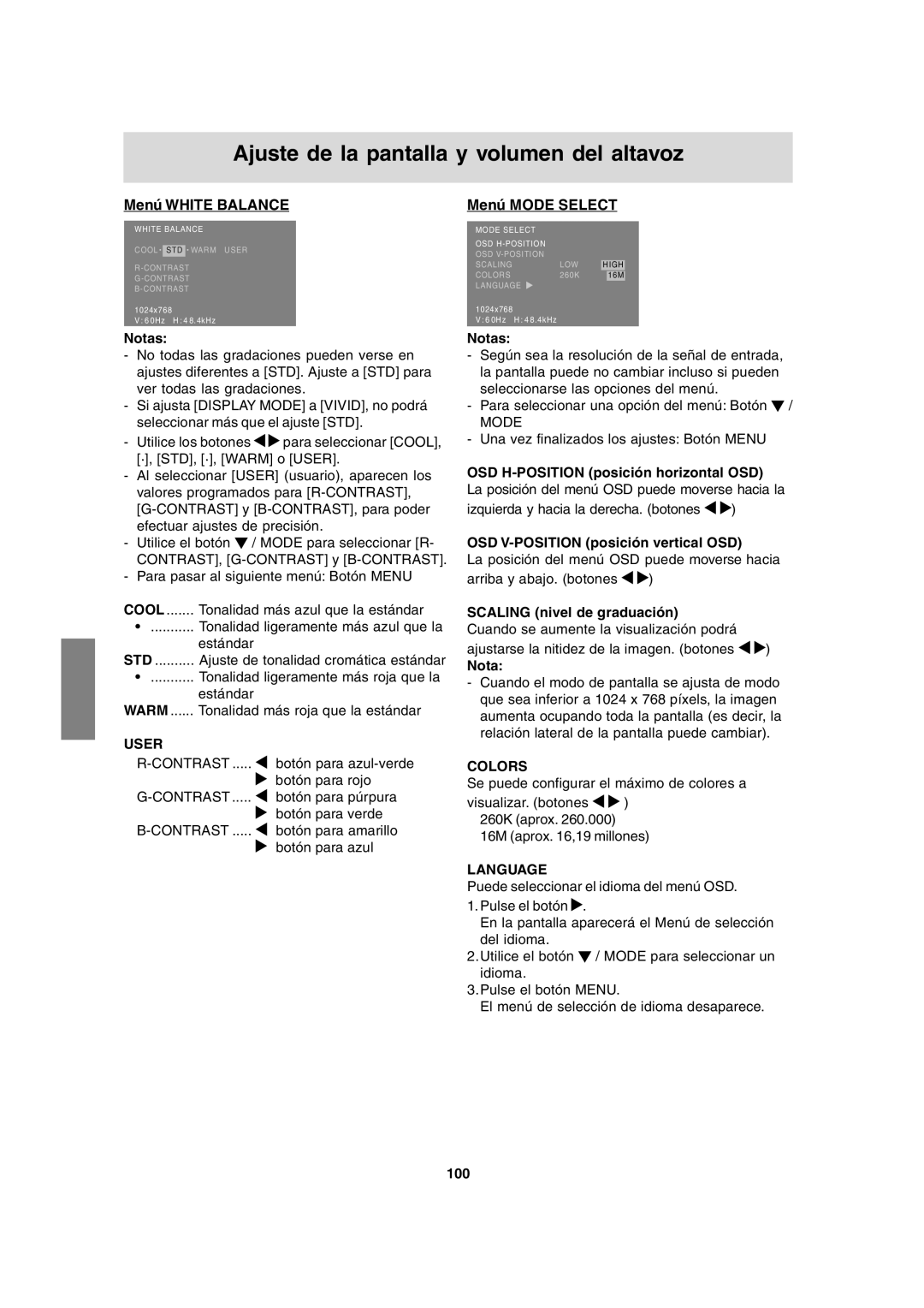 Sharp LL-T15A4 operation manual Menú White Balance, Menú Mode Select 