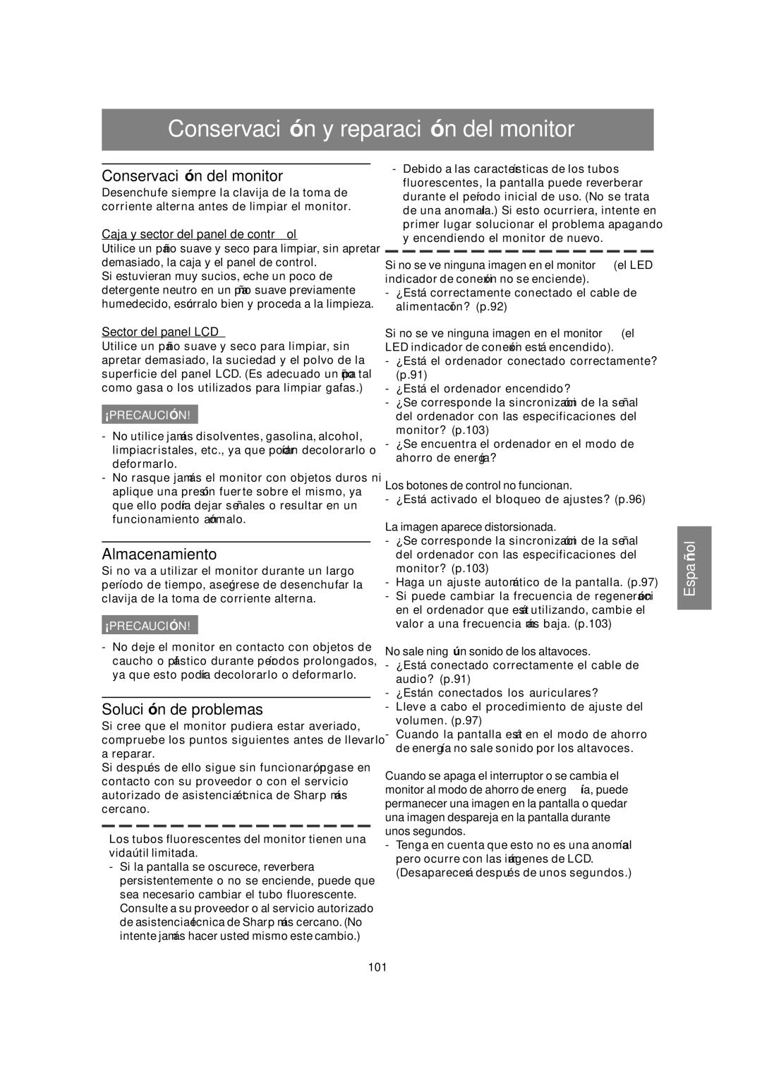 Sharp LL-T15A4 Conservación y reparación del monitor, Conservación del monitor, Almacenamiento, Solución de problemas 