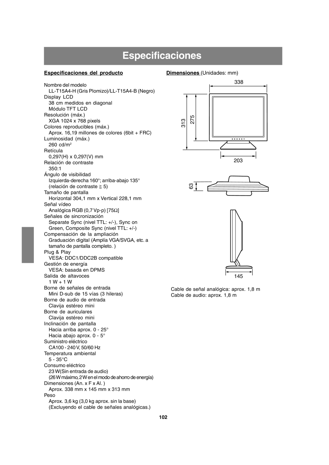 Sharp LL-T15A4 operation manual Especificaciones del producto, 102 