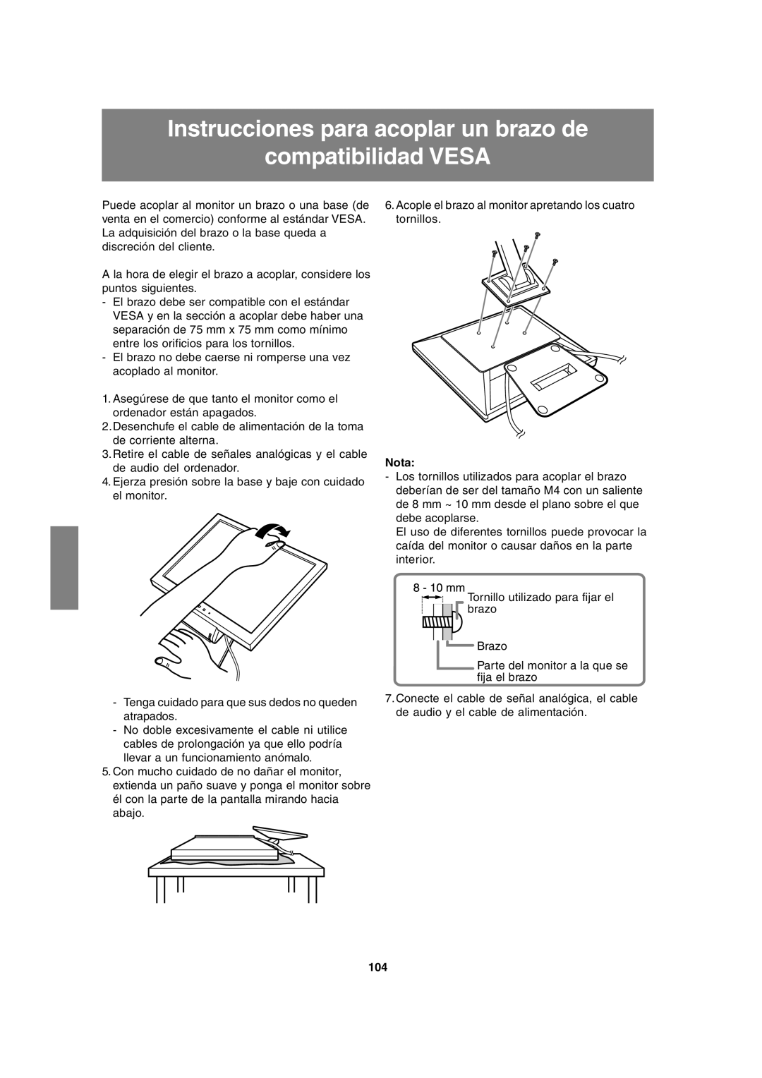 Sharp LL-T15A4 operation manual Instrucciones para acoplar un brazo de Compatibilidad Vesa, 104 