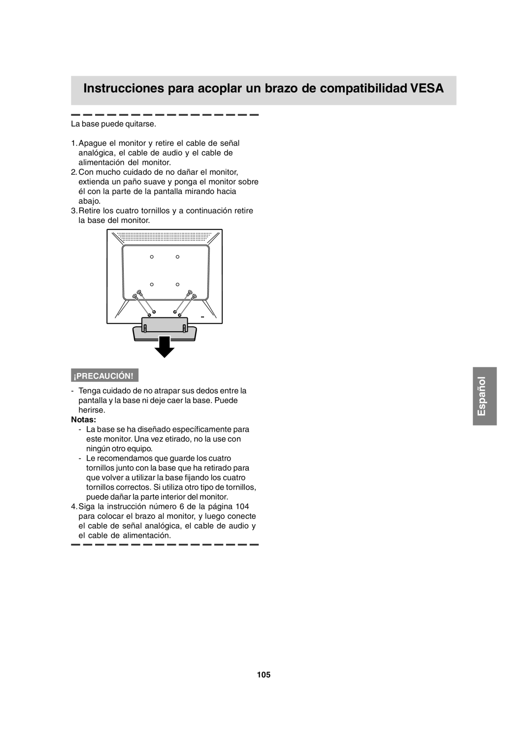 Sharp LL-T15A4 operation manual Instrucciones para acoplar un brazo de compatibilidad Vesa, 105 