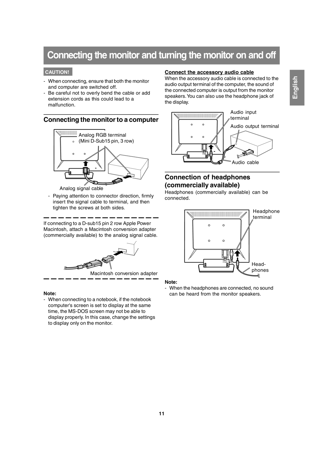 Sharp LL-T15A4 operation manual Connecting the monitor to a computer, Connection of headphones commercially available 