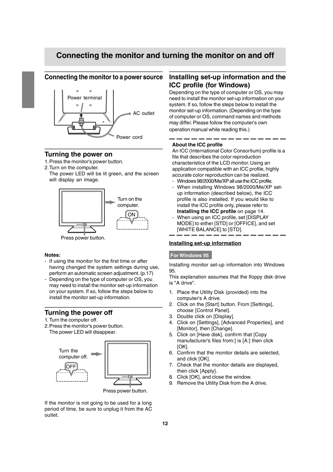 Sharp LL-T15A4 Connecting the monitor and turning the monitor on and off, Turning the power on, Turning the power off 