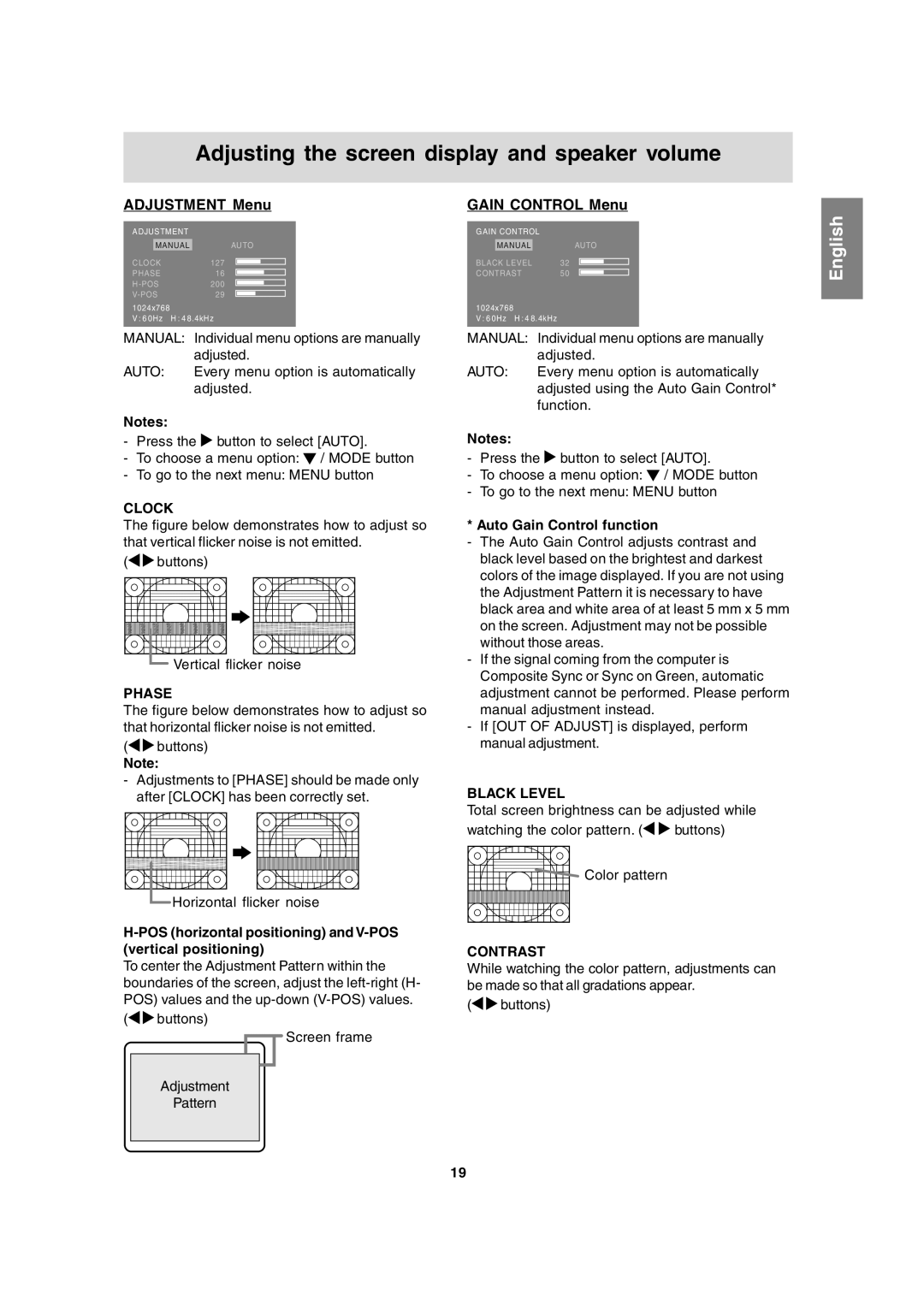 Sharp LL-T15A4 operation manual Auto Gain Control function, POS horizontal positioning and V-POS vertical positioning 