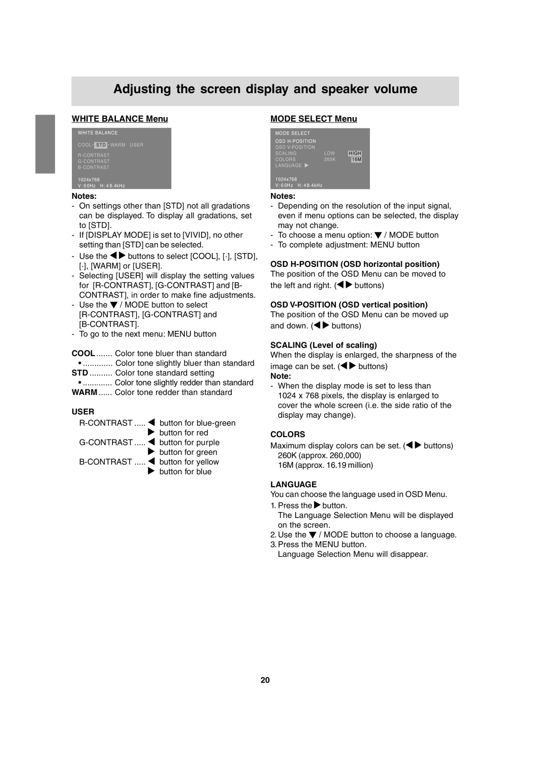 Sharp LL-T15A4 White Balance Menu, Mode Select Menu, OSD V-POSITION OSD vertical position, Scaling Level of scaling 