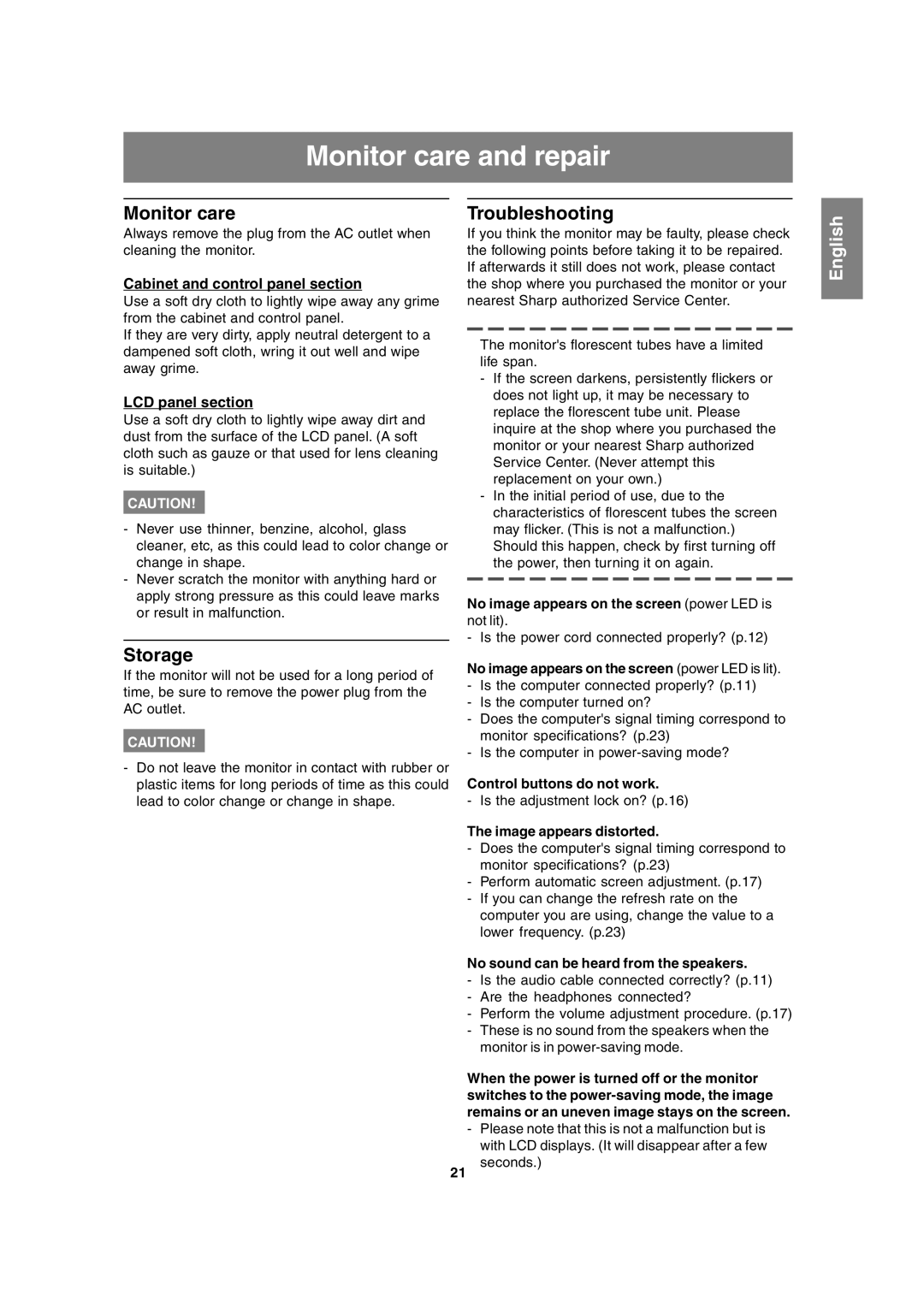 Sharp LL-T15A4 operation manual Monitor care and repair, Storage, Troubleshooting 