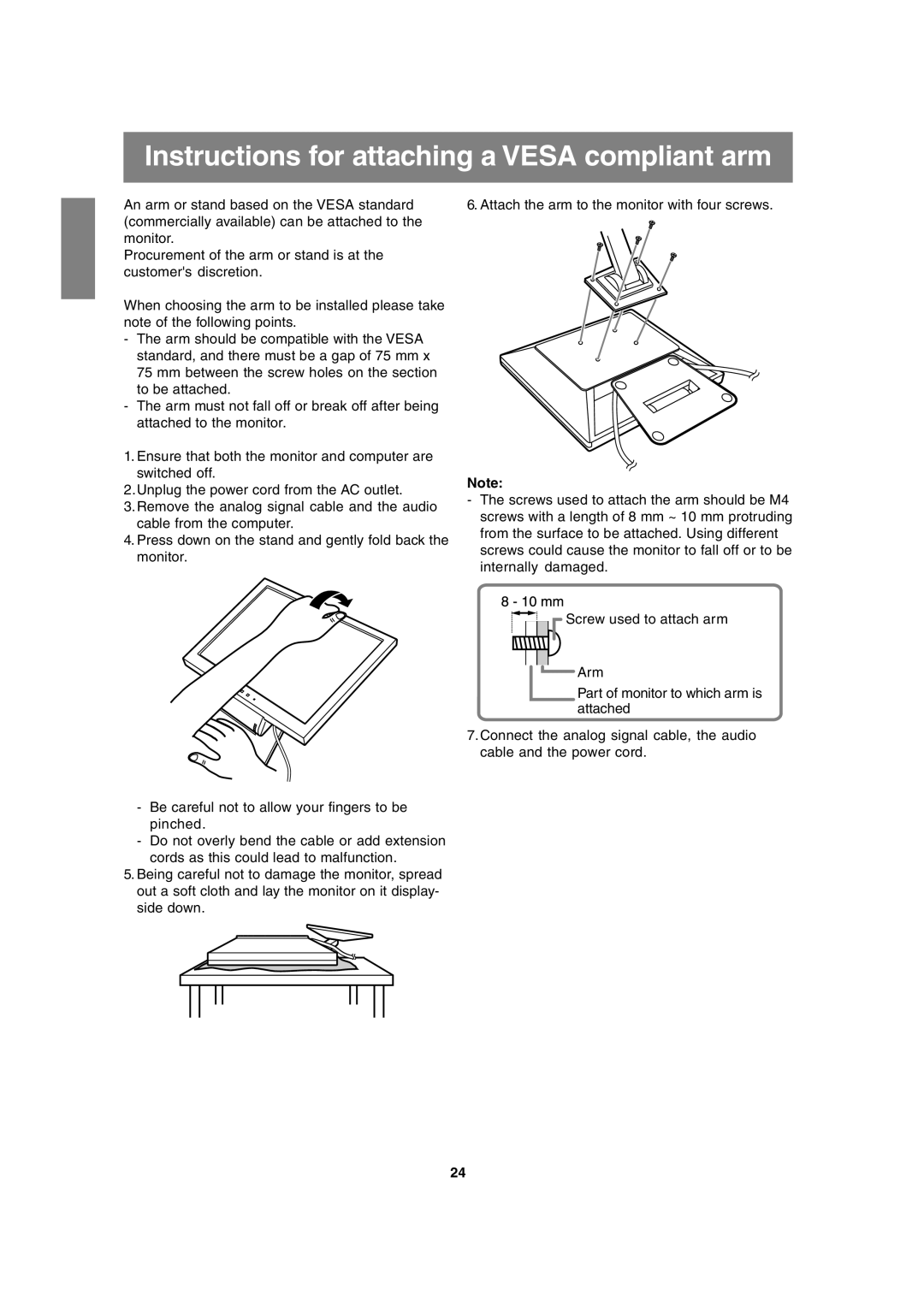 Sharp LL-T15A4 operation manual Instructions for attaching a Vesa compliant arm 