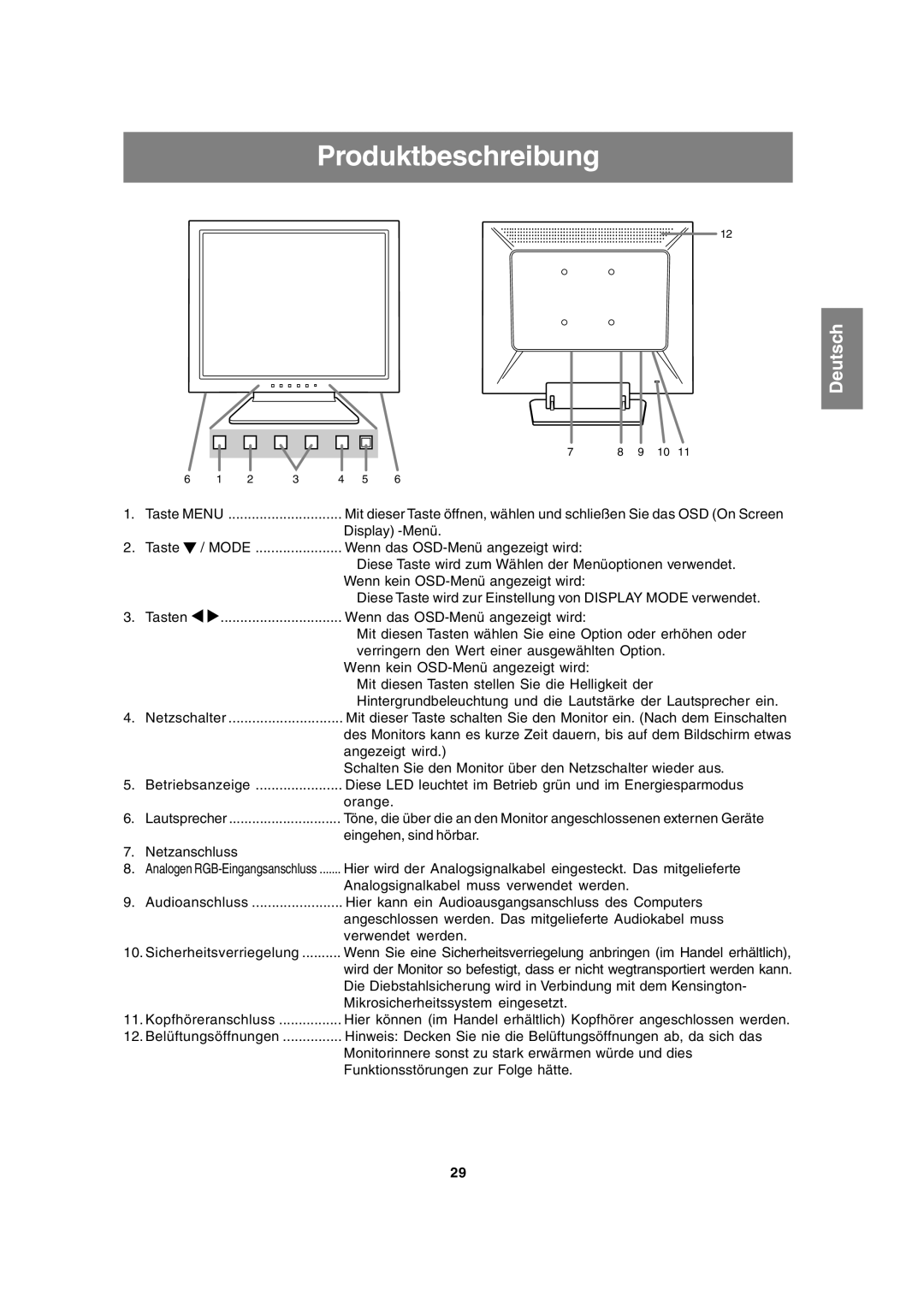 Sharp LL-T15A4 operation manual Produktbeschreibung, Verwendet werden Sicherheitsverriegelung 