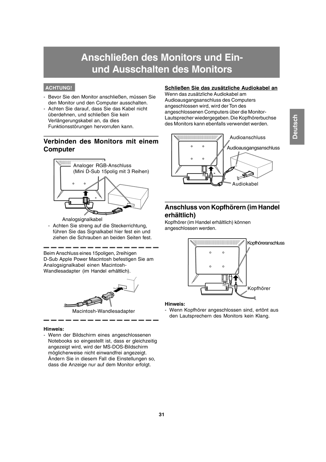 Sharp LL-T15A4 Verbinden des Monitors mit einem Computer, Anschluss von Kopfhörern im Handel erhältlich, Hinweis 