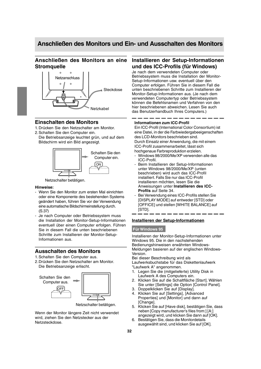 Sharp LL-T15A4 Anschließen des Monitors an eine Stromquelle, Einschalten des Monitors, Ausschalten des Monitors 