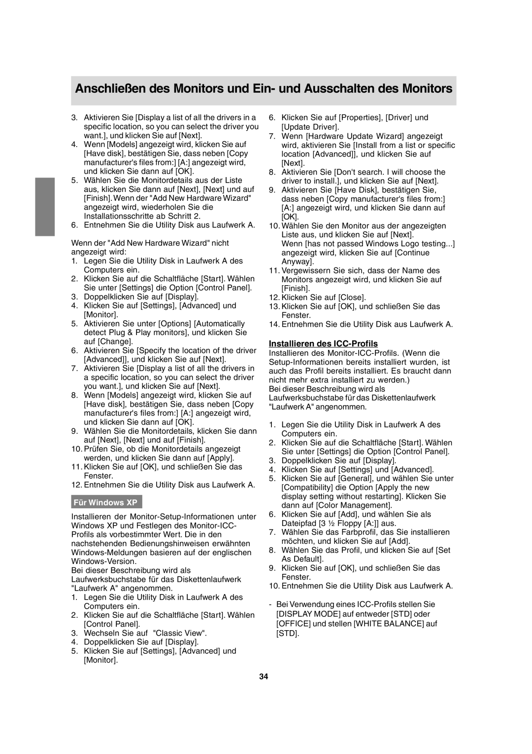 Sharp LL-T15A4 operation manual Installieren des ICC-Profils, Für Windows XP 