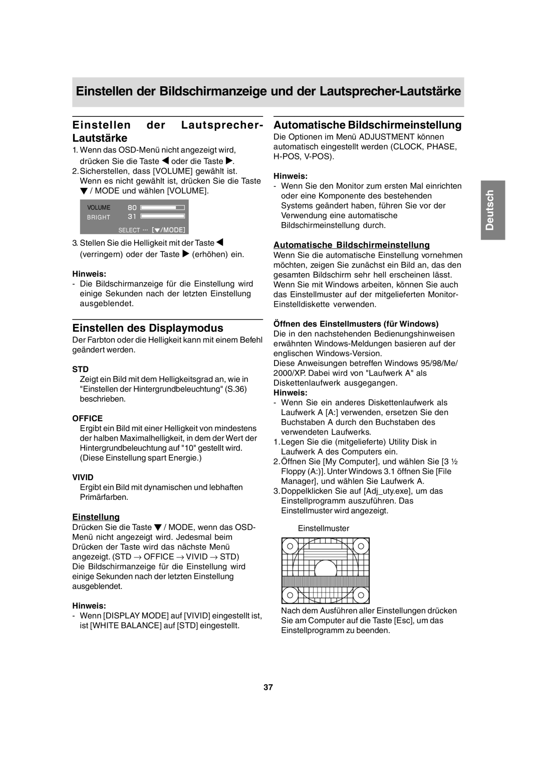 Sharp LL-T15A4 Einstellen der Lautsprecher- Lautstärke, Einstellen des Displaymodus, Automatische Bildschirmeinstellung 