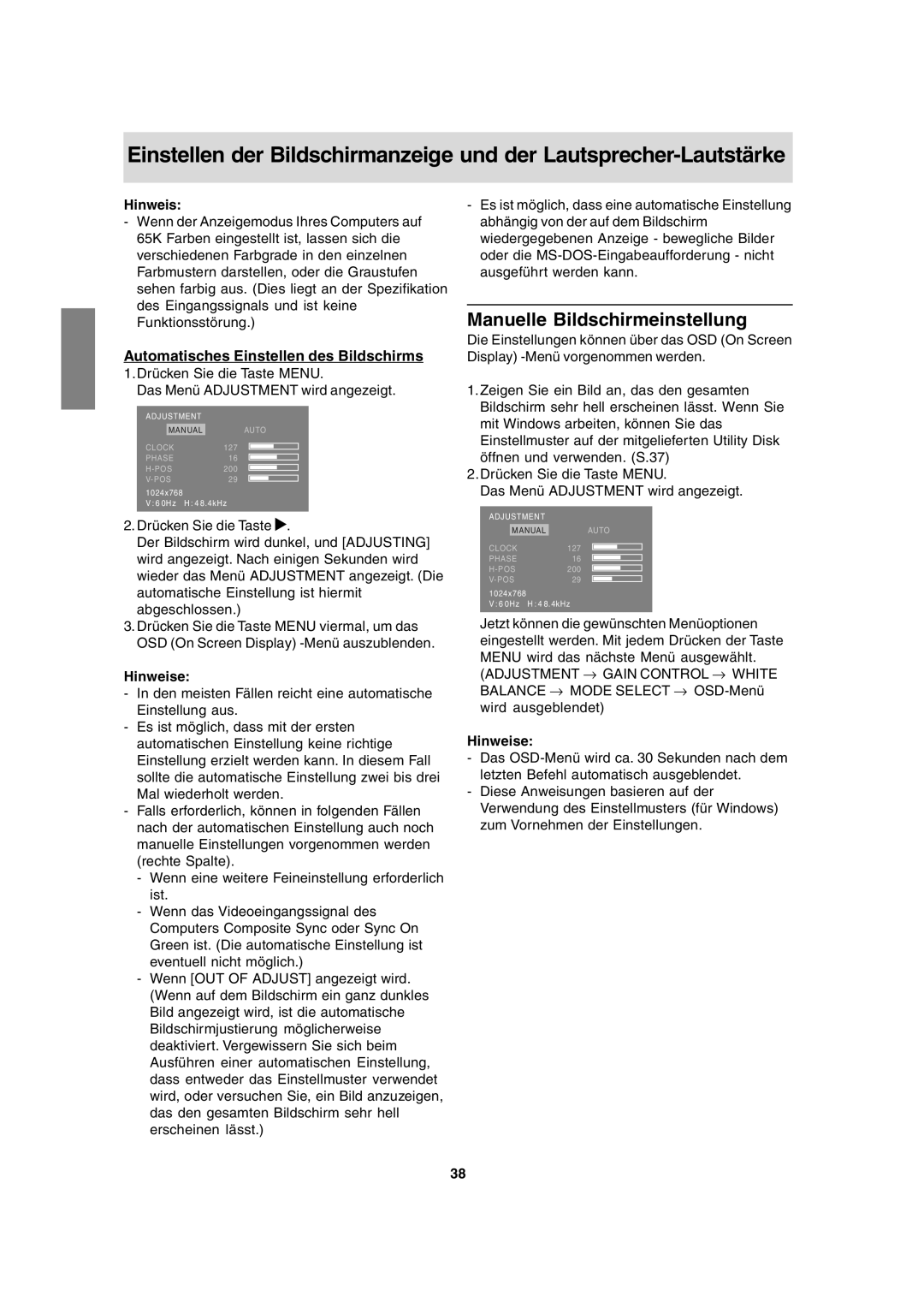 Sharp LL-T15A4 operation manual Manuelle Bildschirmeinstellung, Automatisches Einstellen des Bildschirms 