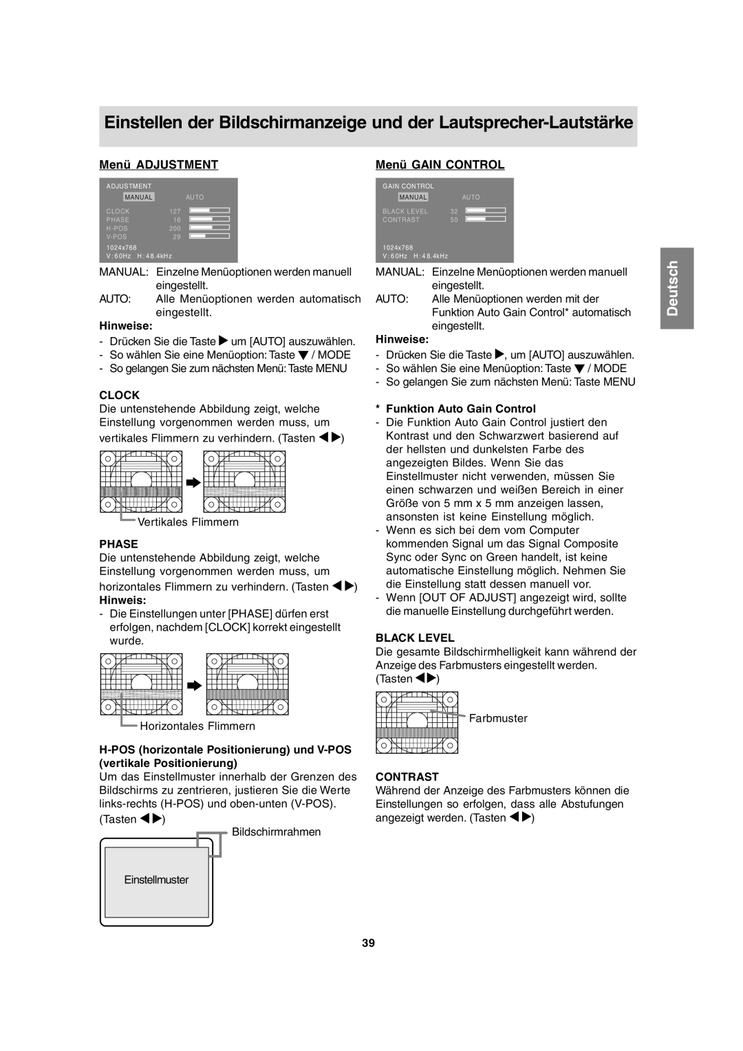 Sharp LL-T15A4 operation manual Menü Adjustment Menü Gain Control, Funktion Auto Gain Control 