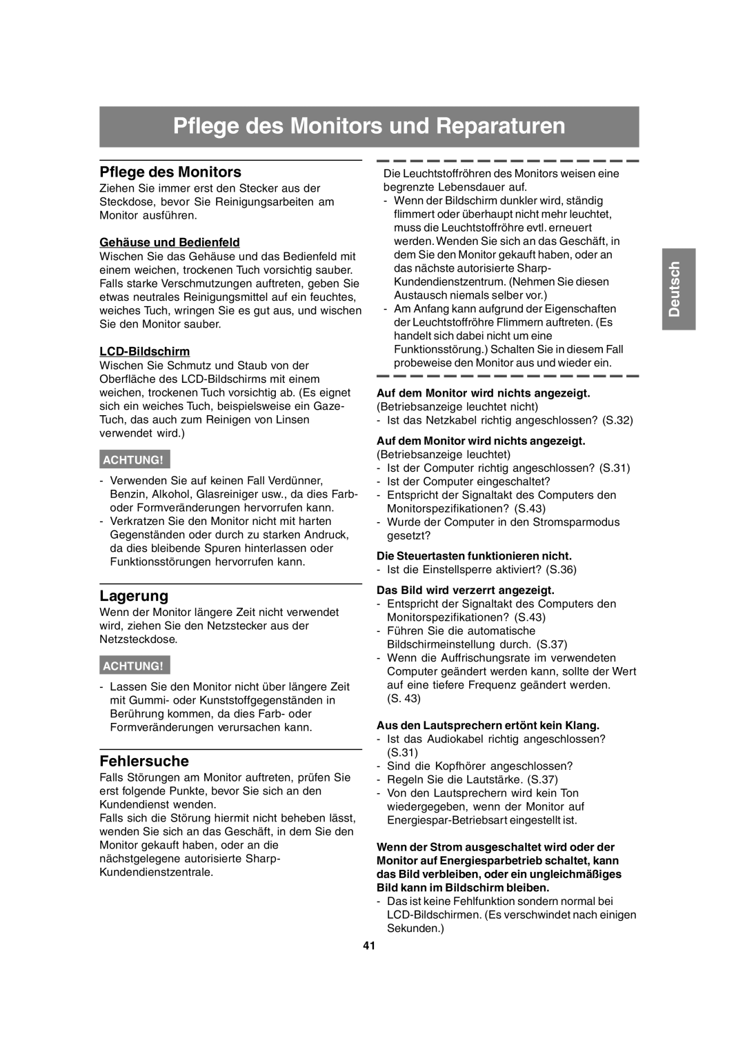 Sharp LL-T15A4 operation manual Pflege des Monitors und Reparaturen, Lagerung, Fehlersuche 