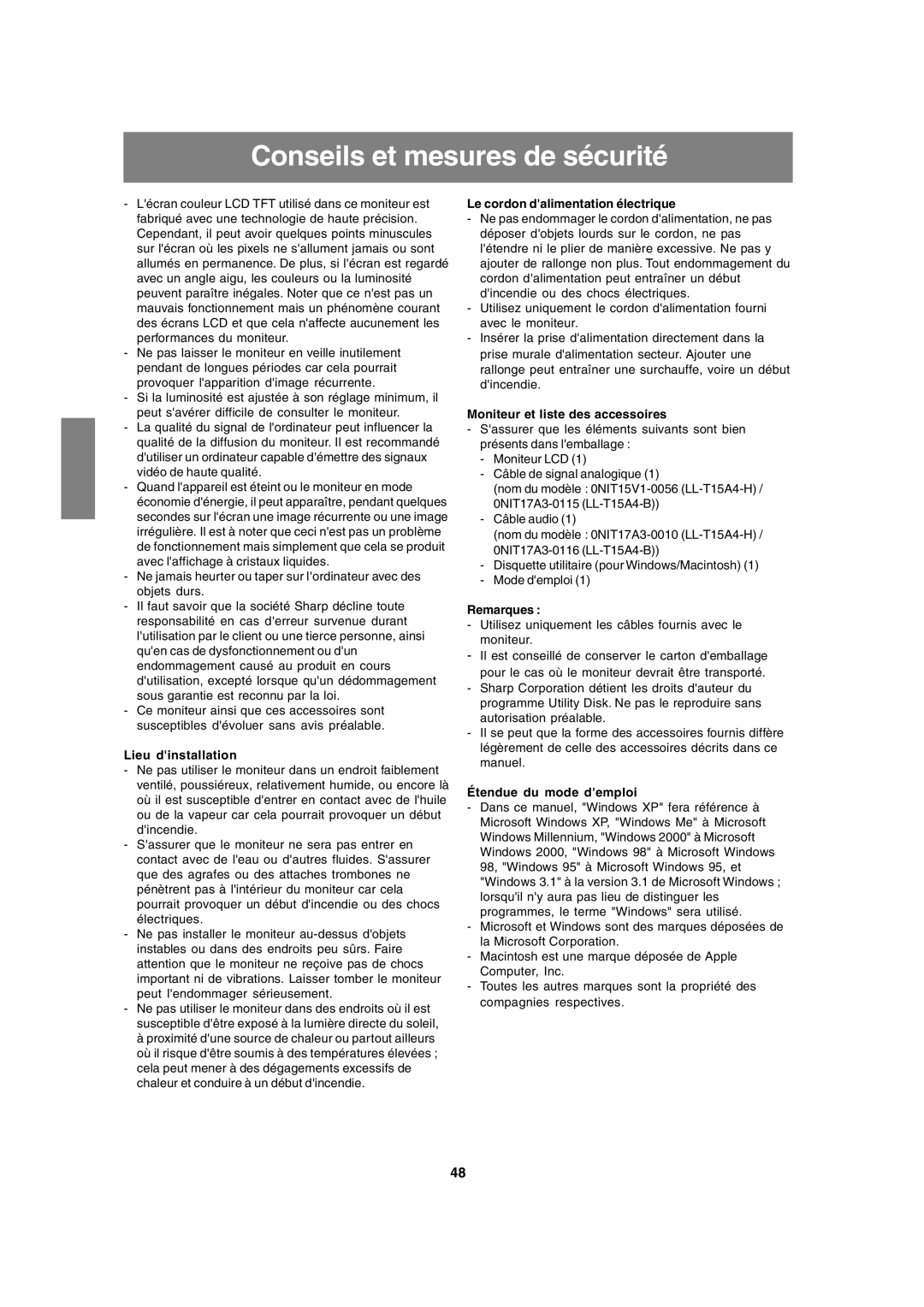 Sharp LL-T15A4 operation manual Conseils et mesures de sécurité, Lieu dinstallation 