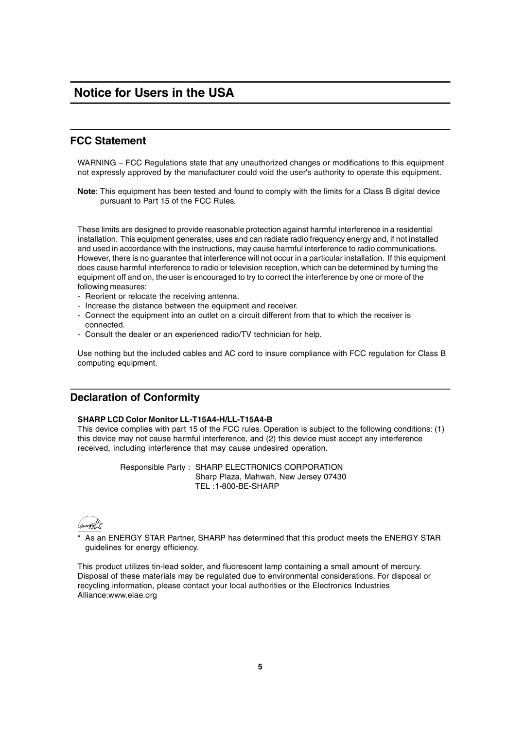 Sharp operation manual FCC Statement, Declaration of Conformity, Sharp LCD Color Monitor LL-T15A4-H/LL-T15A4-B 