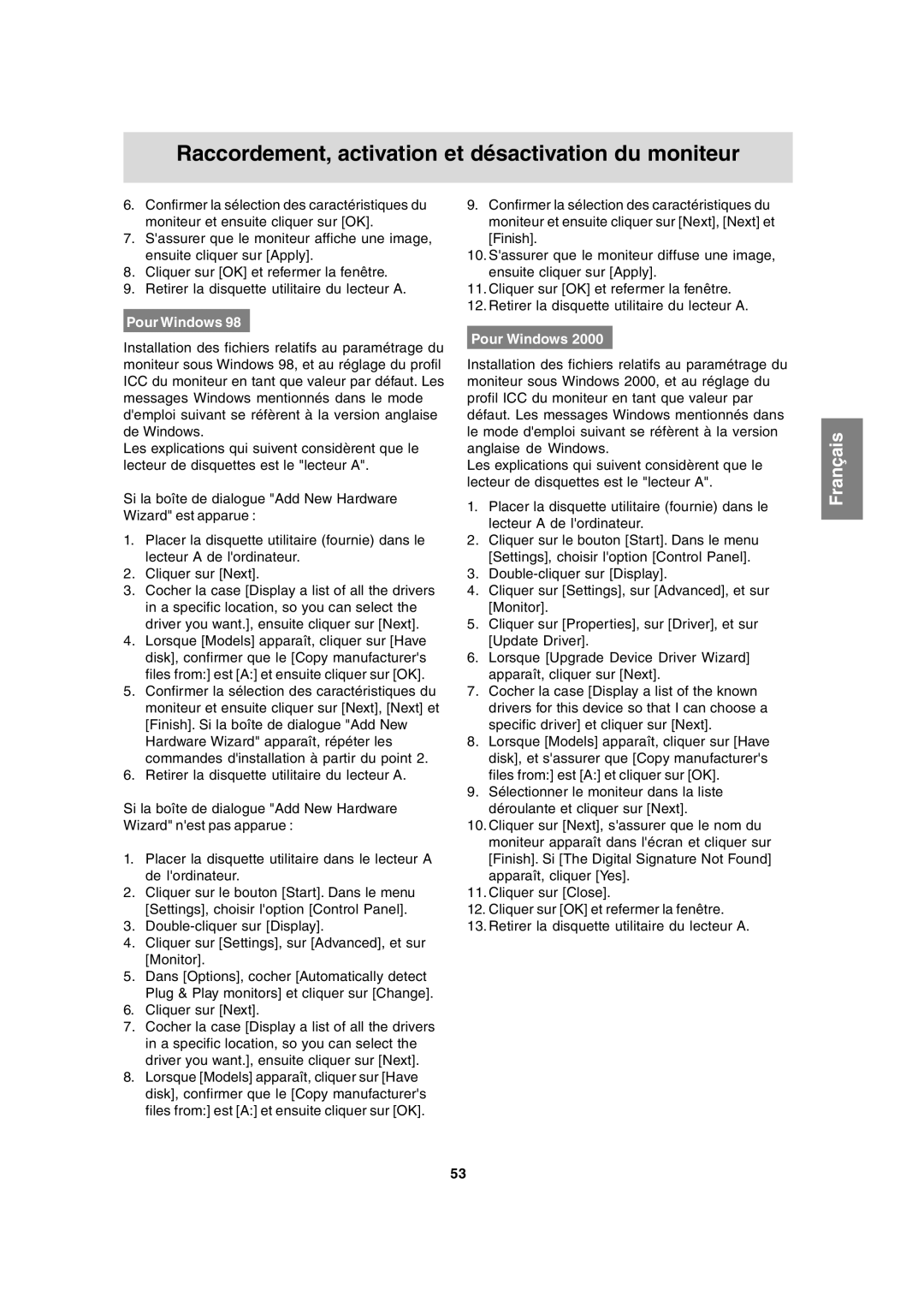 Sharp LL-T15A4 operation manual Raccordement, activation et désactivation du moniteur 