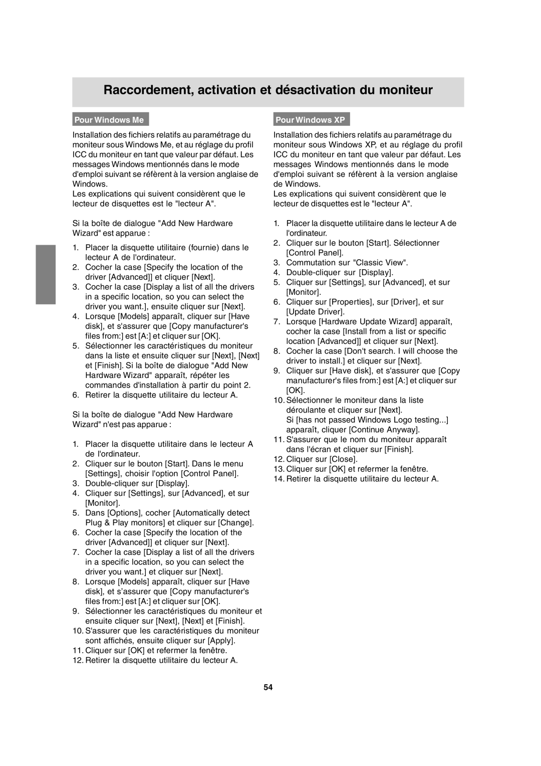 Sharp LL-T15A4 operation manual Pour Windows Me Pour Windows XP 