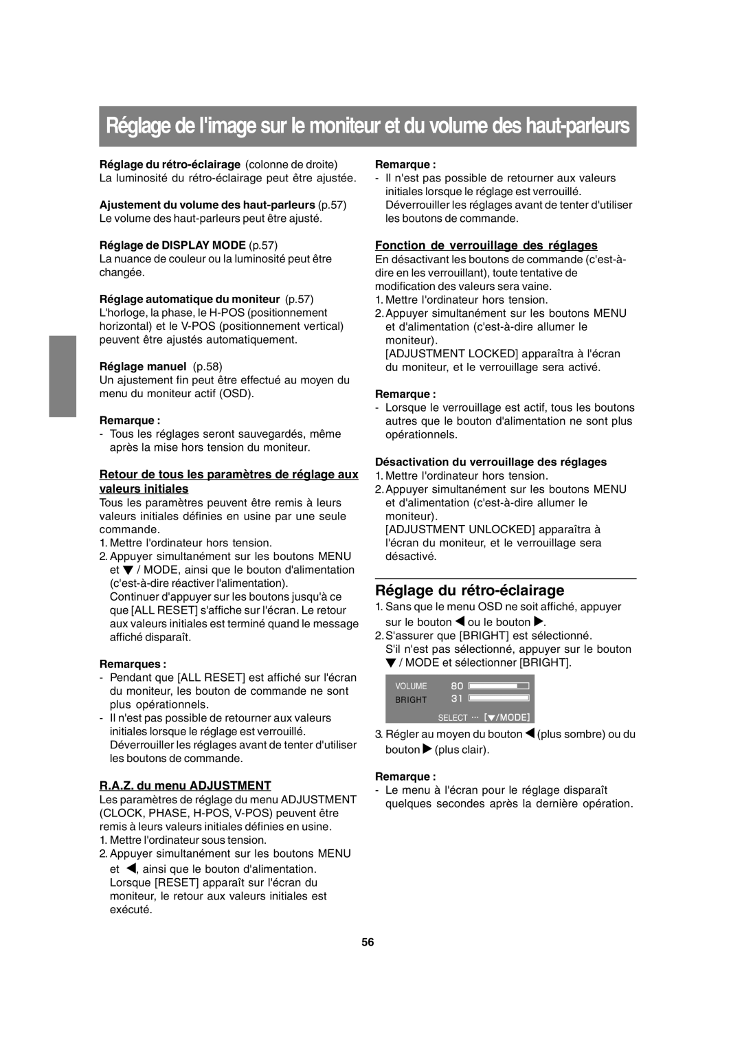 Sharp LL-T15A4 operation manual Réglage du rétro-éclairage, Z. du menu Adjustment, Fonction de verrouillage des réglages 