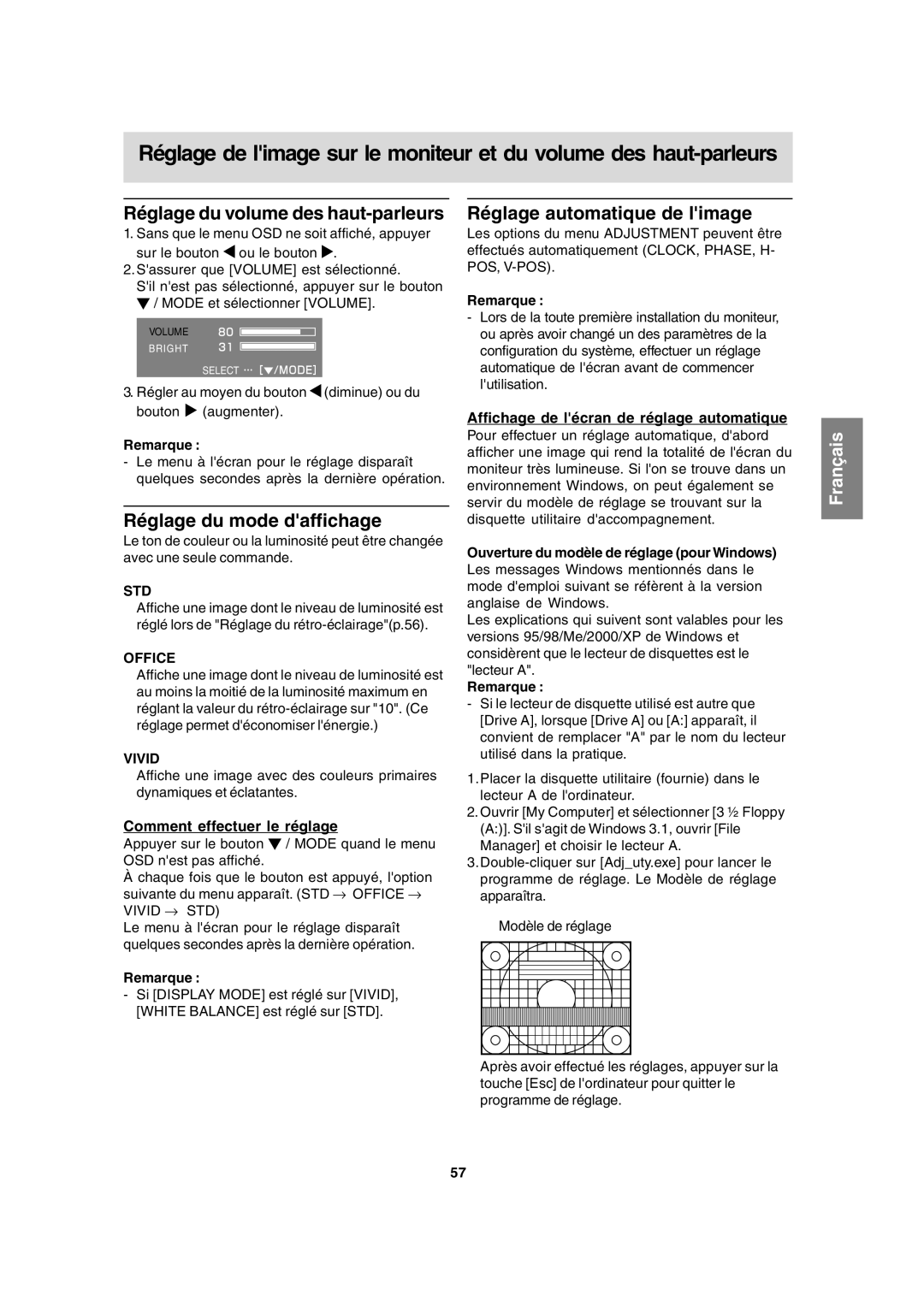 Sharp LL-T15A4 Réglage du volume des haut-parleurs, Réglage du mode daffichage, Réglage automatique de limage 