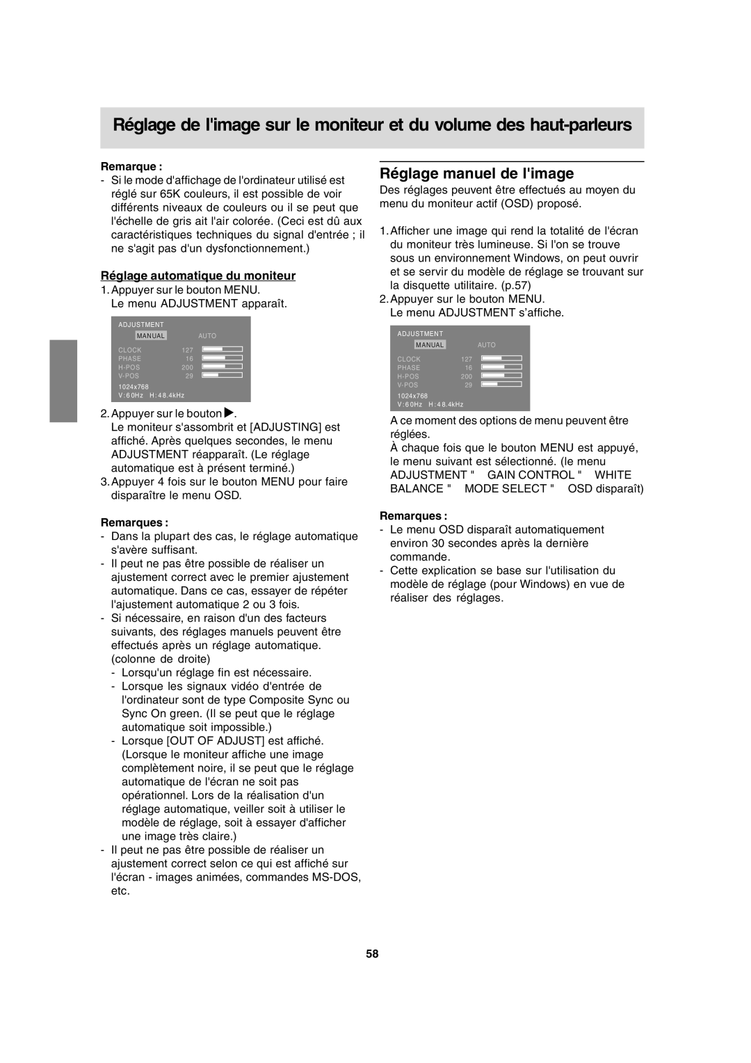 Sharp LL-T15A4 operation manual Réglage manuel de limage, Réglage automatique du moniteur 